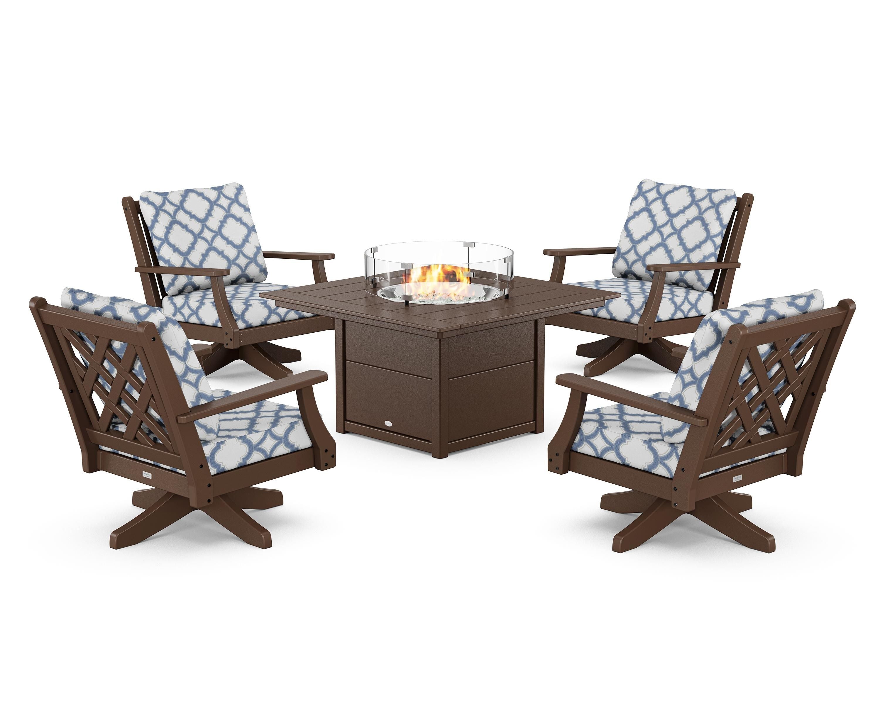 Country Living Wovendale 5-Piece Deep Seating Swivel Conversation Set with Fire Pit Table in Mahogany / Trellis Sky Blue