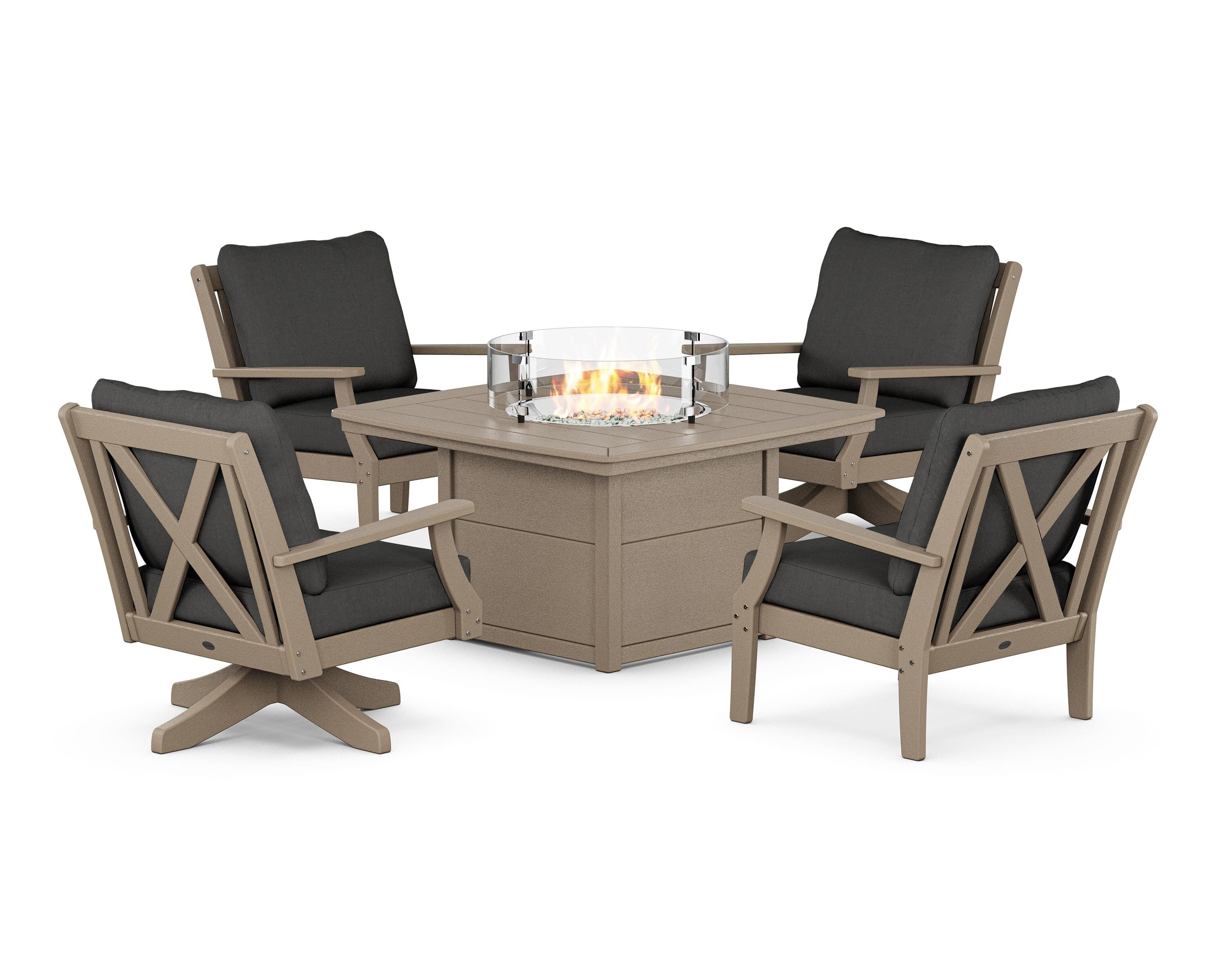 POLYWOOD® Braxton 5-Piece Deep Seating Set with Fire Table in Vintage Sahara / Spectrum Carbon