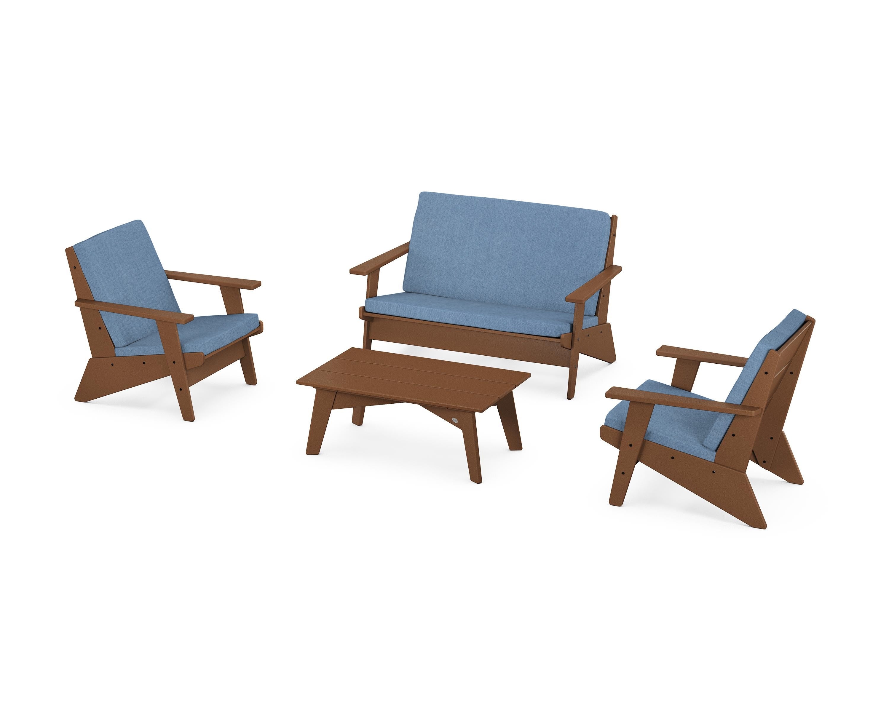 POLYWOOD® Riviera Modern Lounge 4-Piece Set in Teak / Sky Blue