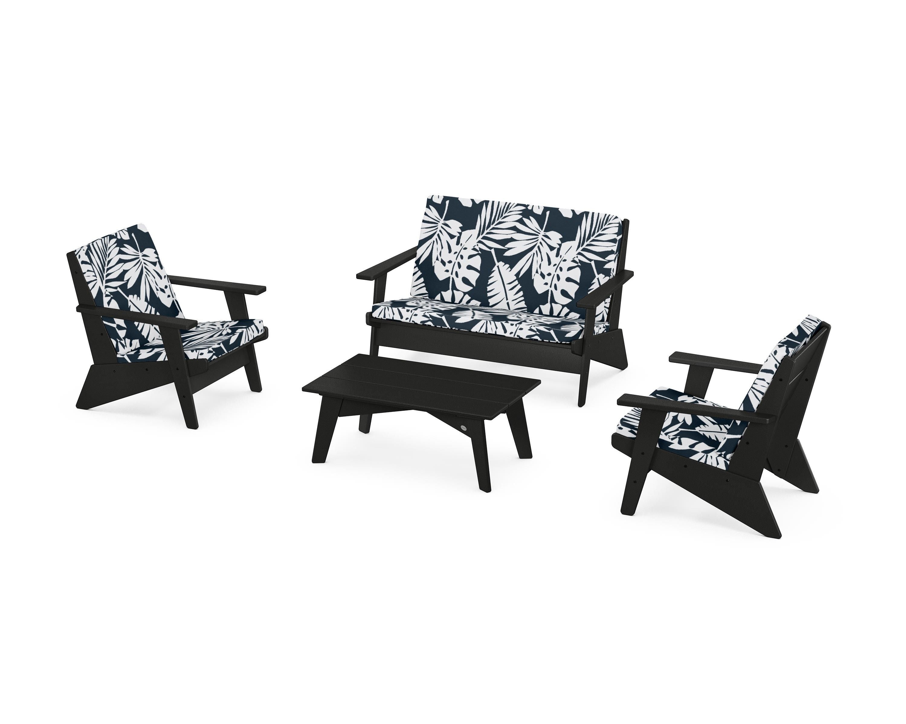 POLYWOOD® Riviera Modern Lounge 4-Piece Set in Black / Leaf Marine Indigo