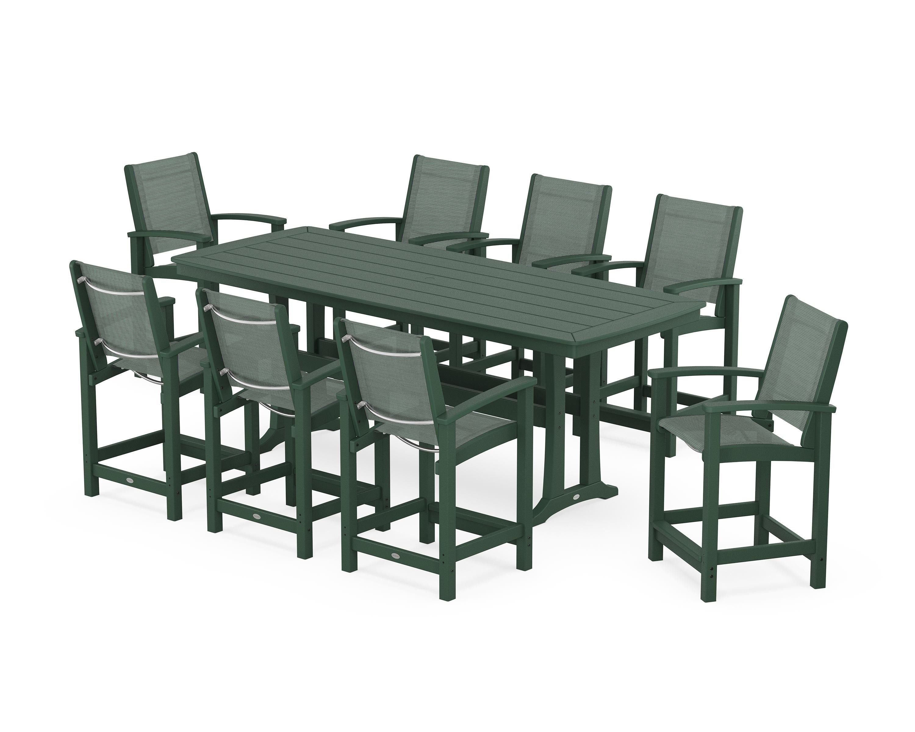 POLYWOOD® Coastal 9-Piece Counter Set with Trestle Legs in Green / Dupioni Sea Mist Sling