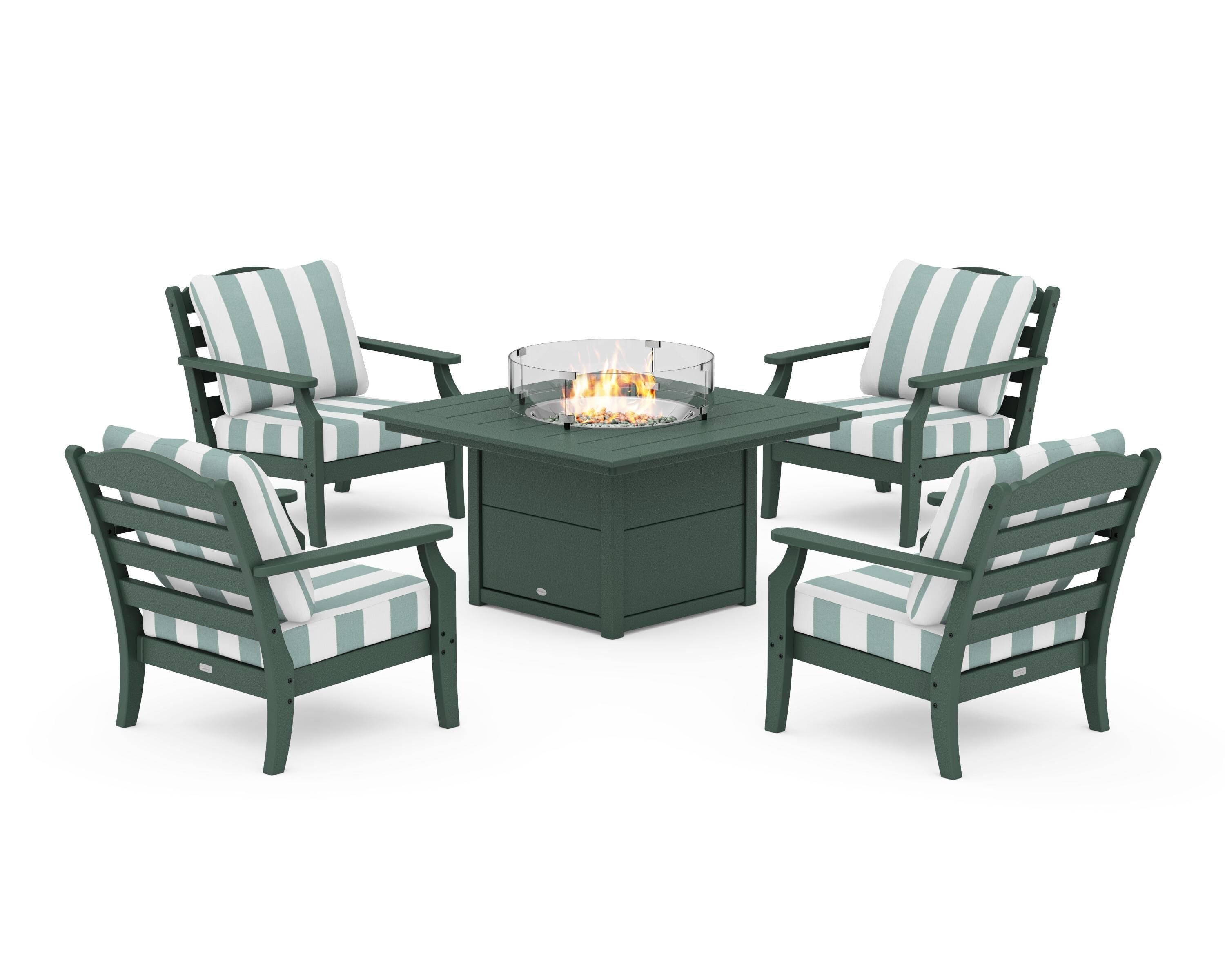 Draper James™ by POLYWOOD® Savannah 5-Piece Deep Seating Set with Fire Pit Table in Green / Cabana Stripe Glacier Spa
