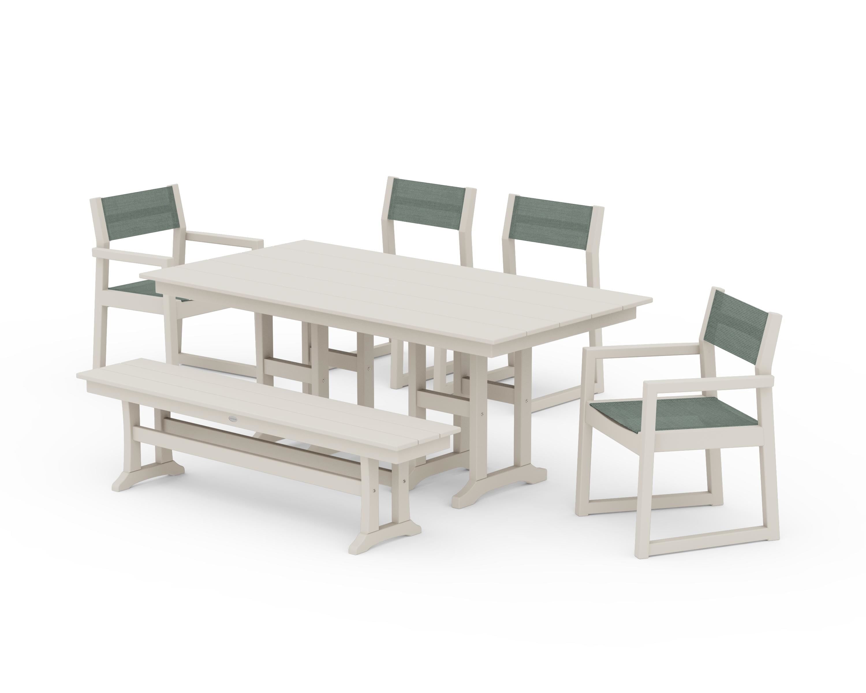 POLYWOOD® EDGE Sling 6-Piece Farmhouse Dining Set in Sand / Dupioni Sea Mist Sling