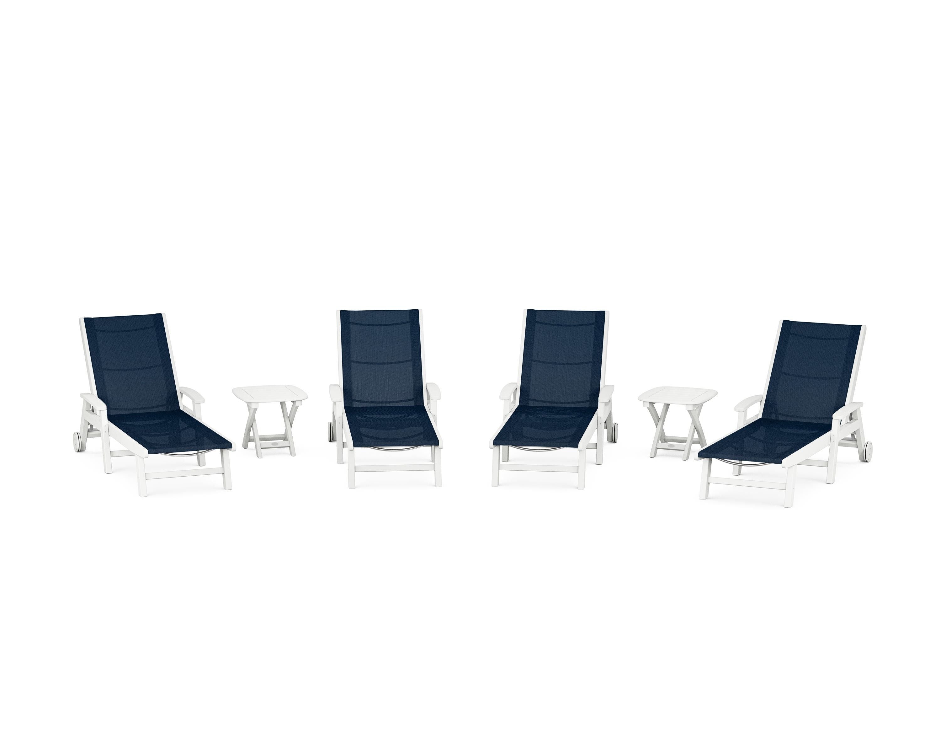POLYWOOD® Coastal Chaise 6-Piece Set with Wheels in White / Navy Blue Sling