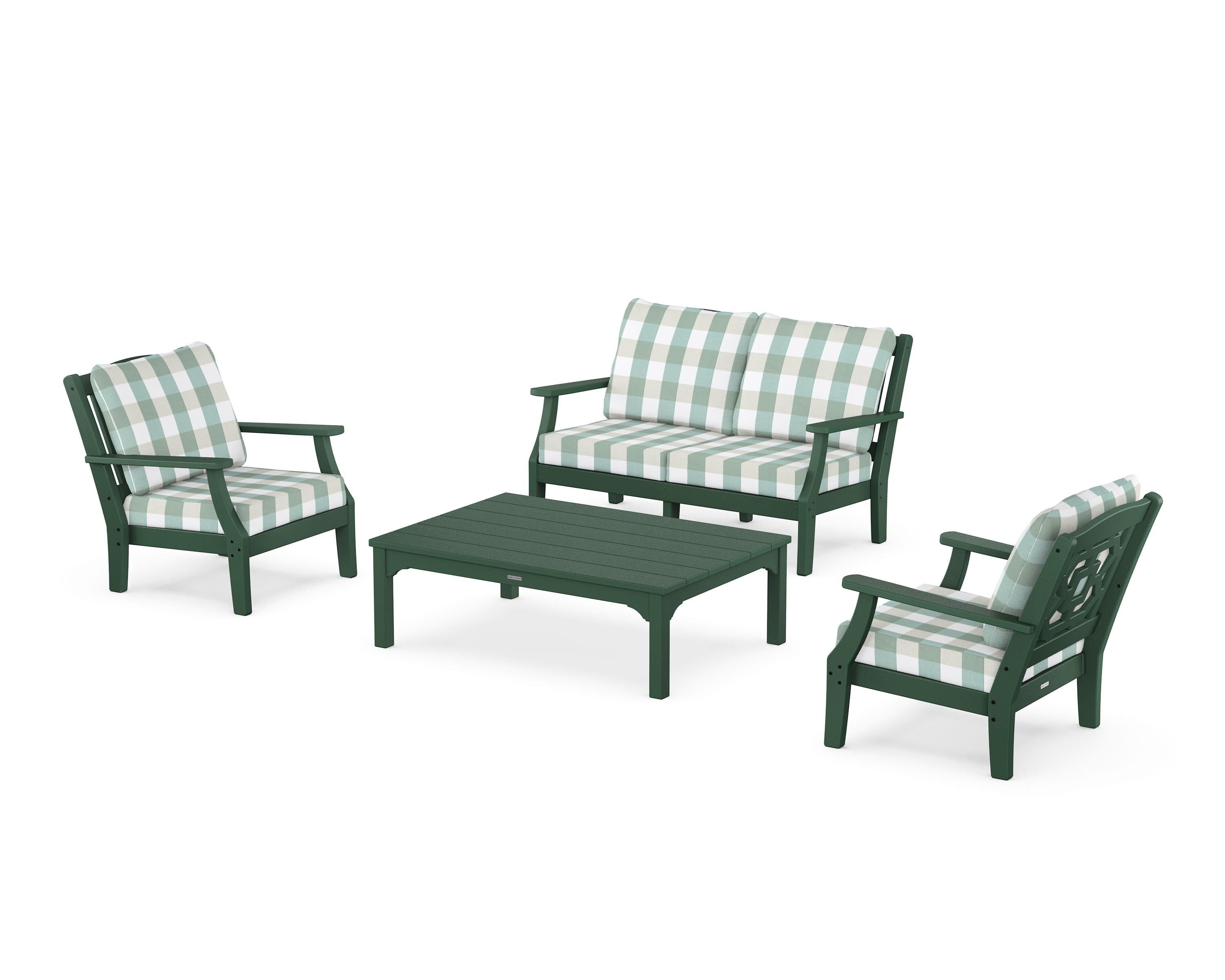 Martha Stewart by POLYWOOD® Chinoiserie 4-Piece Deep Seating Set with Loveseat in Green / Buffalo Plaid Glacier Spa