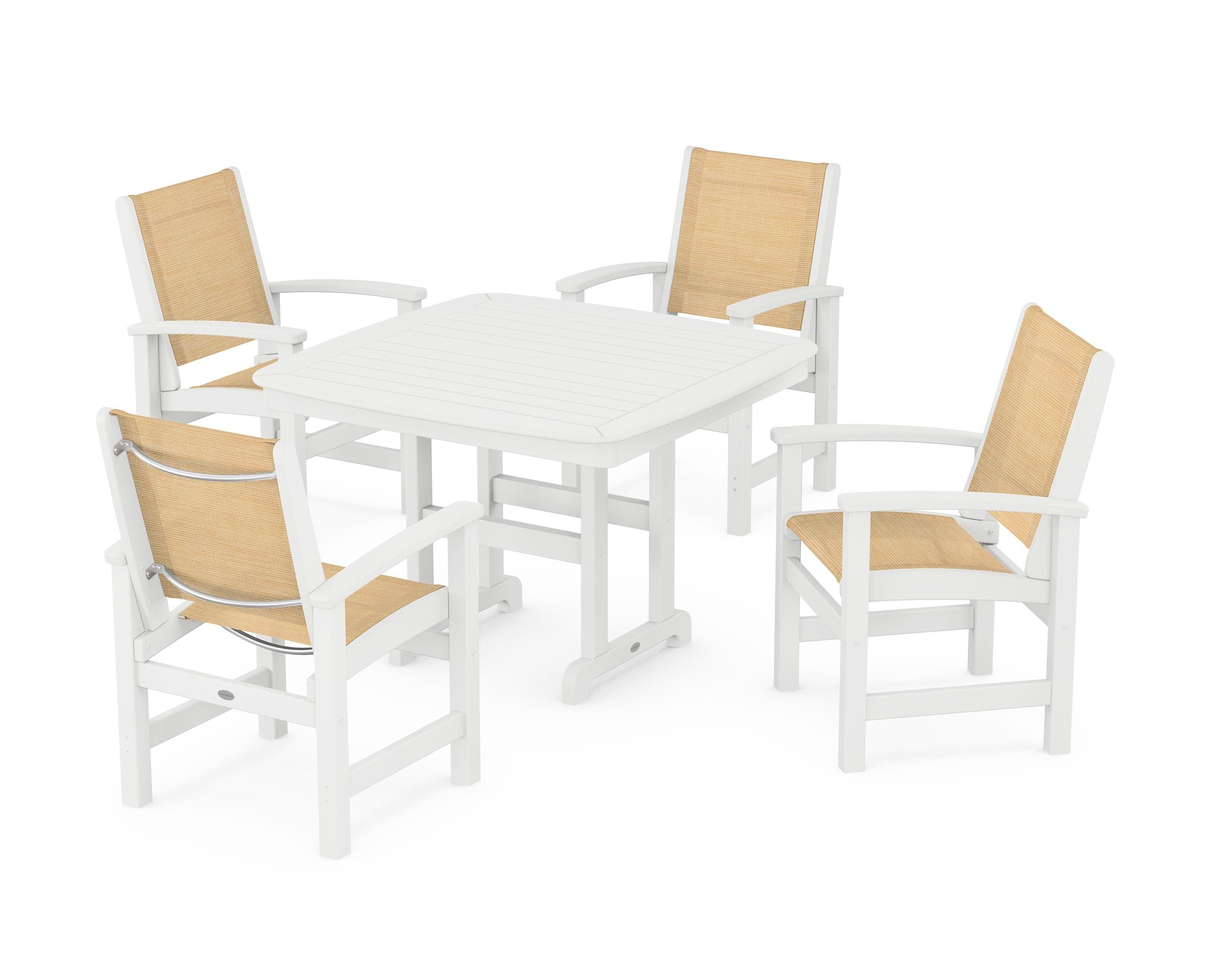 POLYWOOD® Coastal 5-Piece Dining Set in White / Dupioni Apricot Sling