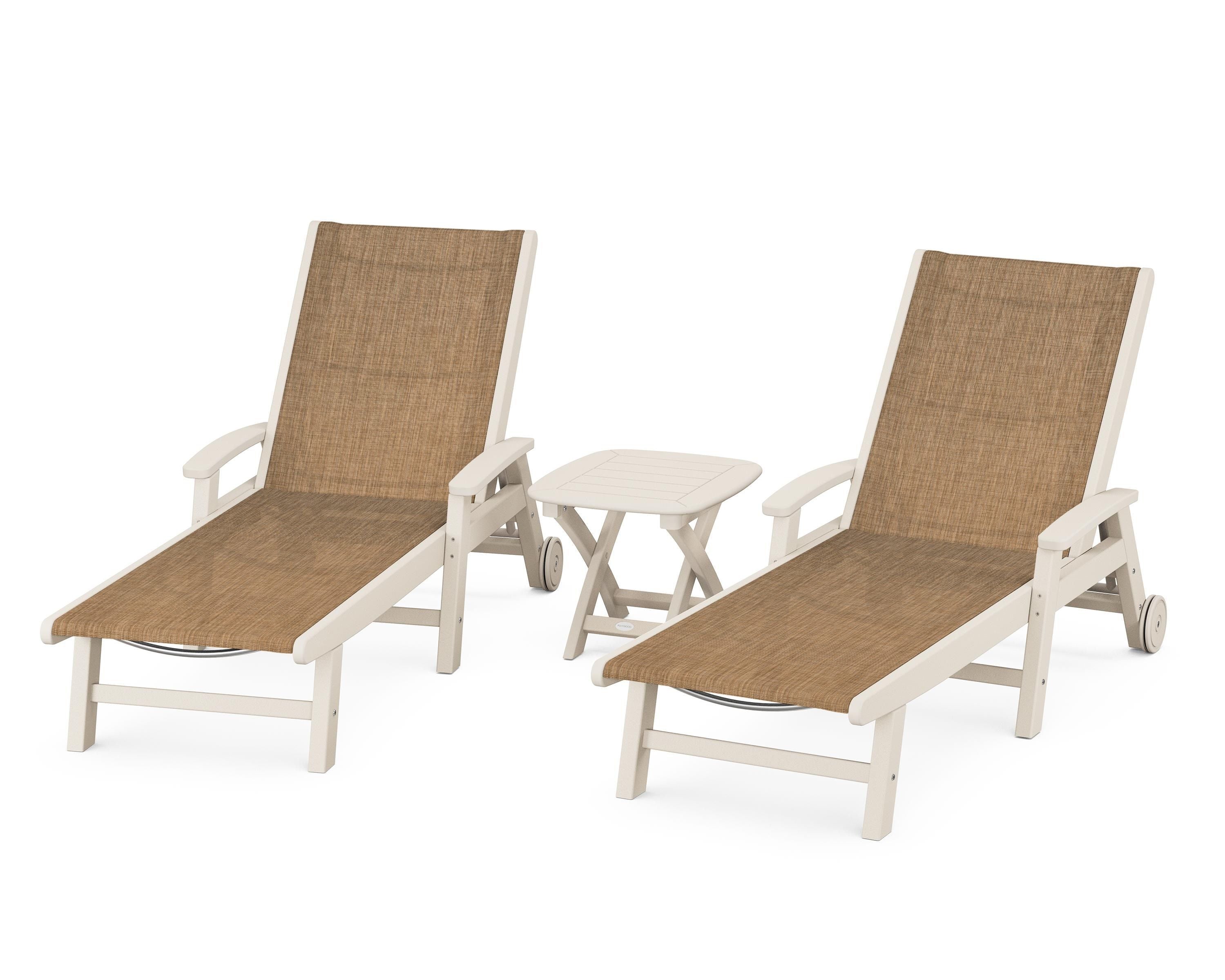 POLYWOOD® Coastal 3-Piece Wheeled Chaise Set in Sand / Burlap Sling