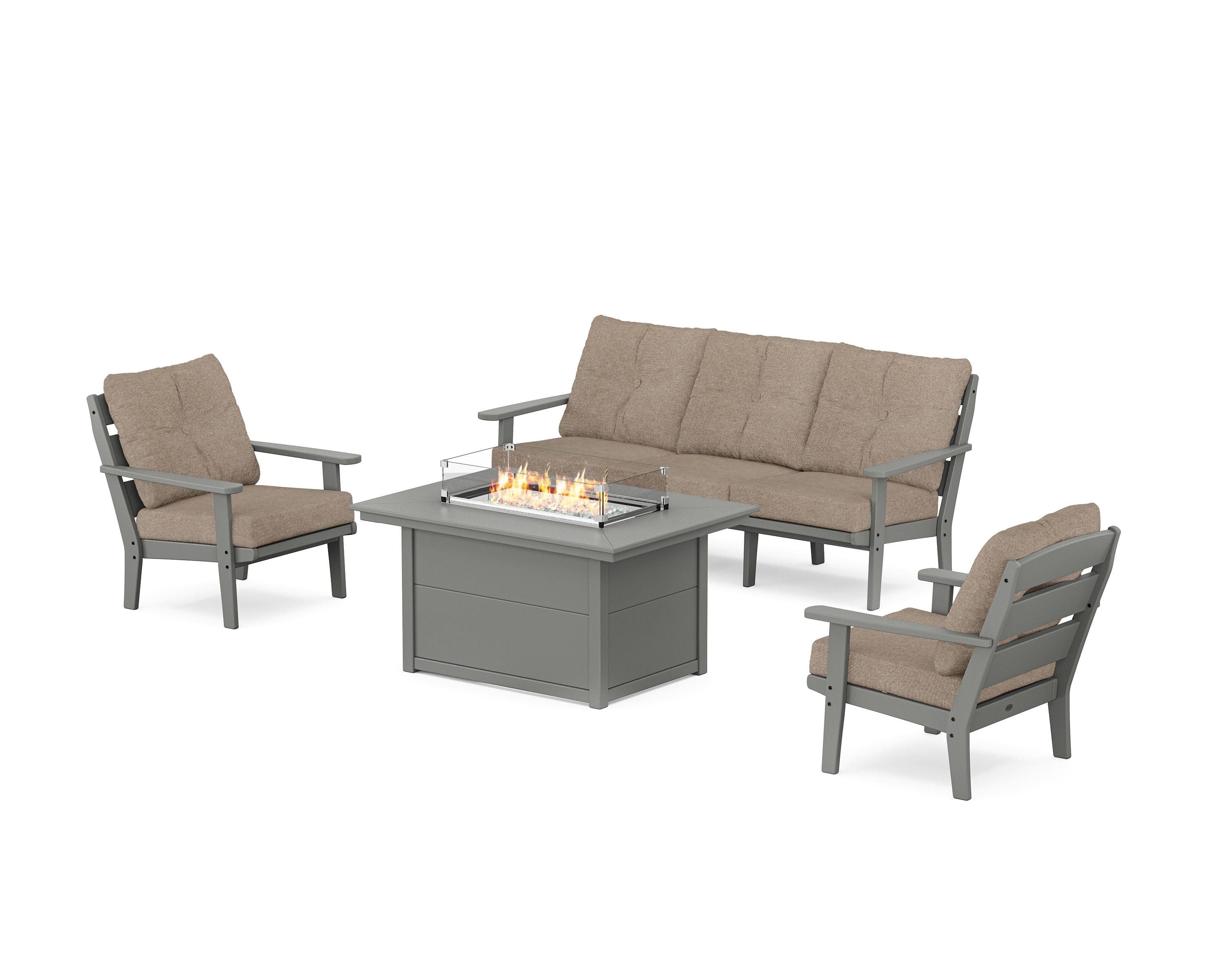 POLYWOOD® Lakeside Deep Seating Fire Pit Table Set in Slate Grey / Spiced Burlap