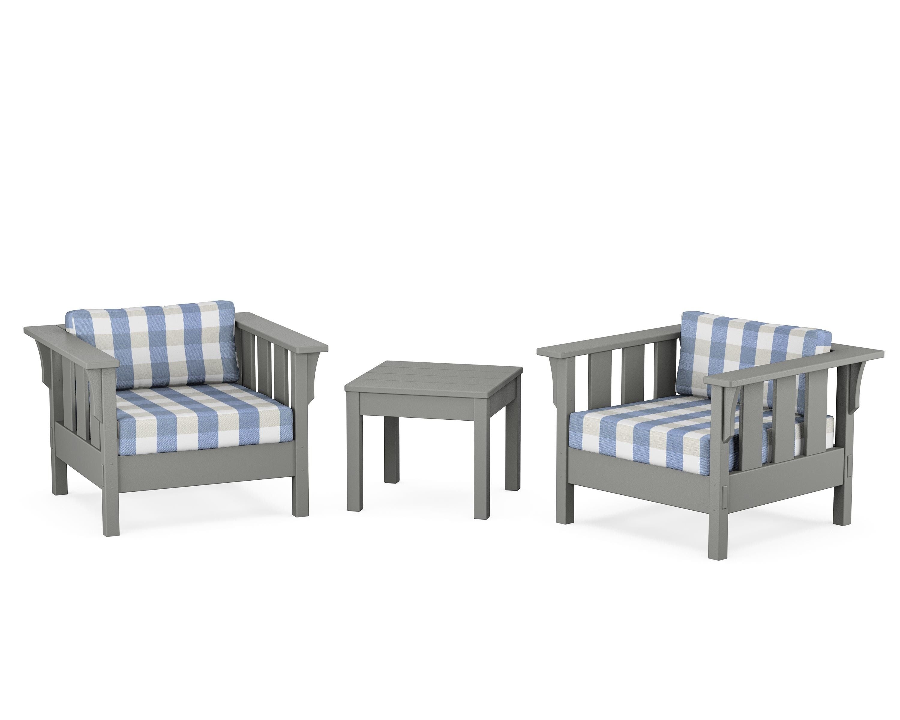 Martha Stewart by POLYWOOD® Acadia 3-Piece Deep Seating Set in Slate Grey / Buffalo Plaid Sky Blue