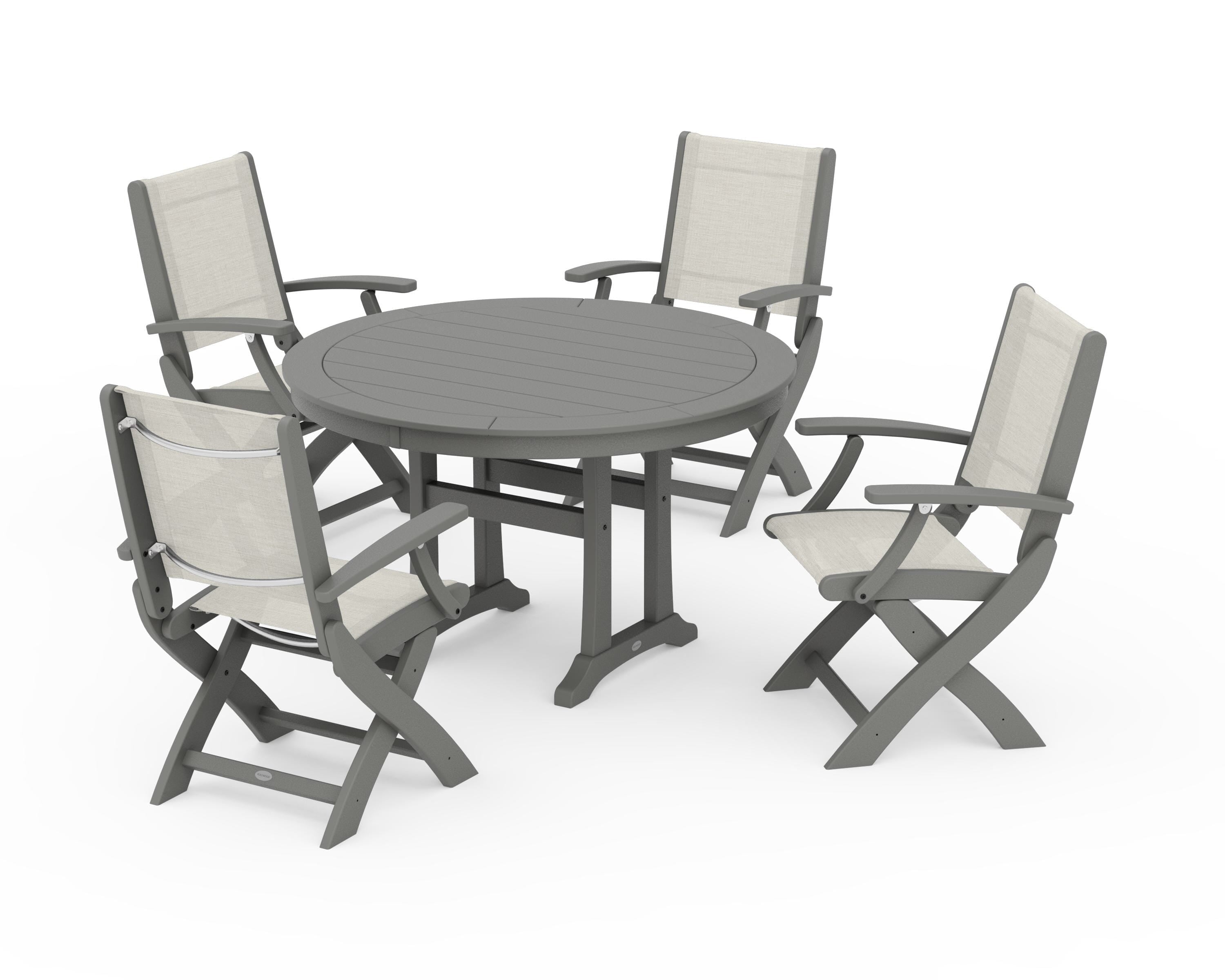 POLYWOOD® Coastal Folding Chair 5-Piece Round Dining Set with Trestle Legs in Slate Grey / Parchment Sling