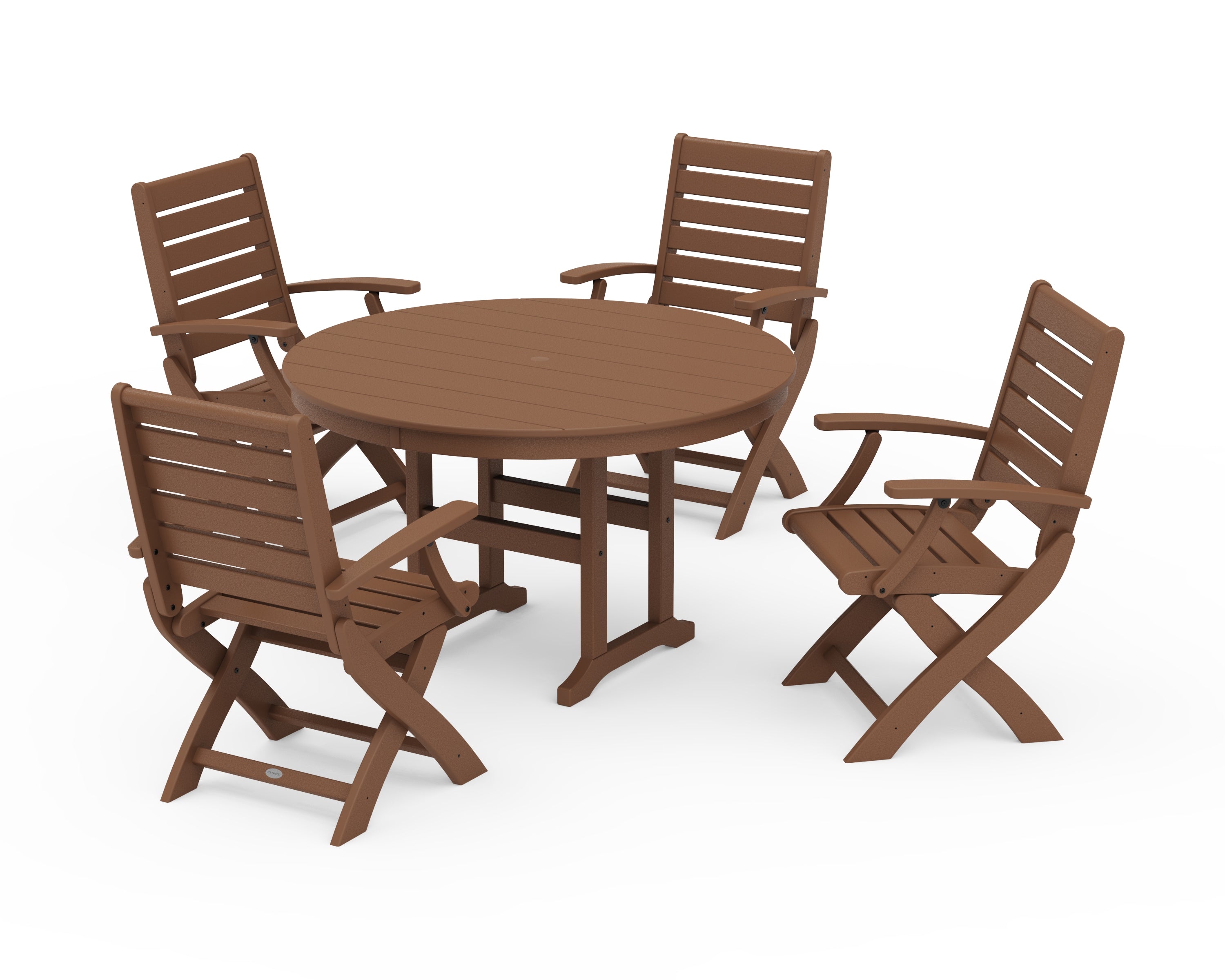 POLYWOOD® Signature Folding Chair 5-Piece Round Farmhouse Dining Set in Teak