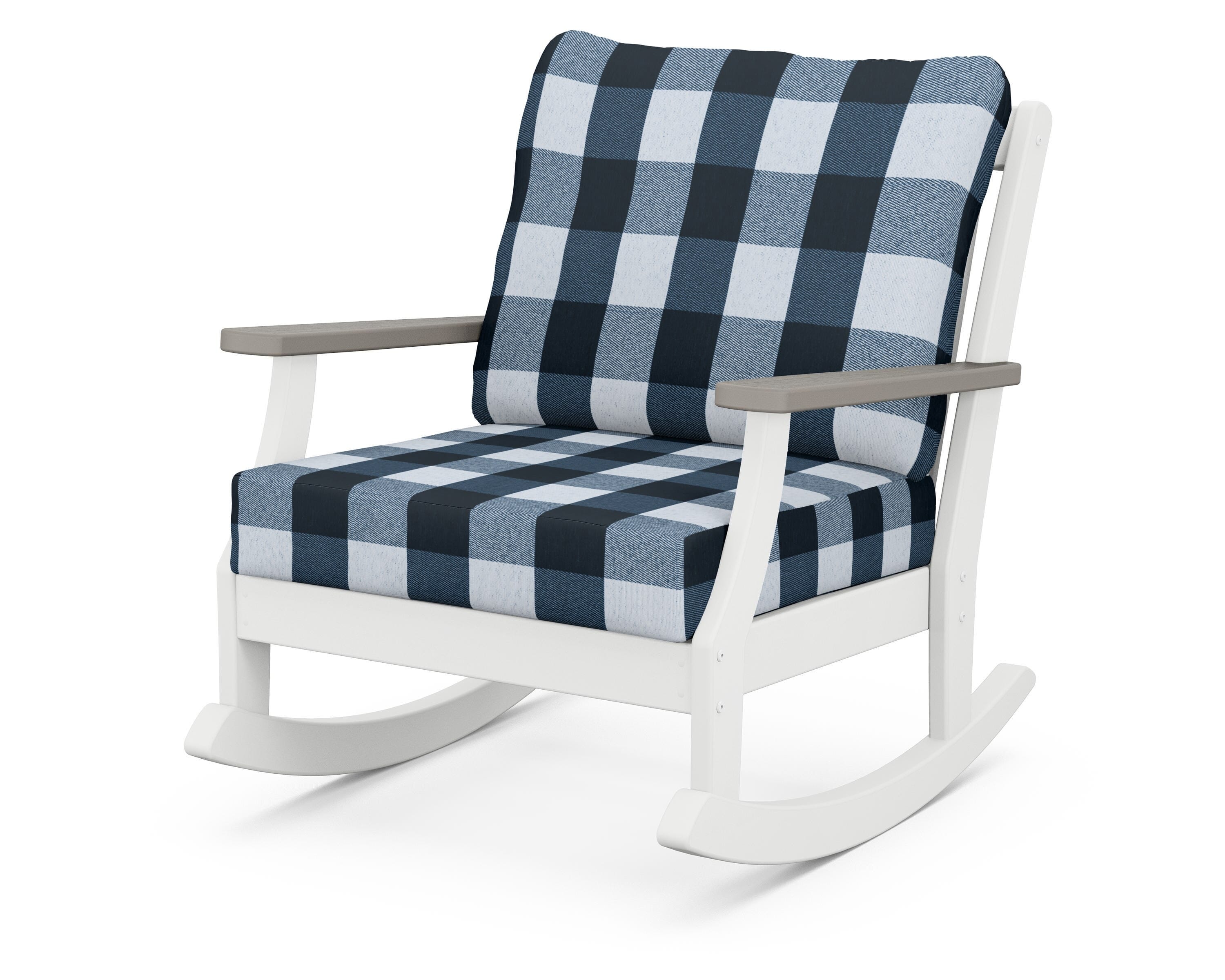 POLYWOOD® Braxton Deep Seating Rocking Chair in White / Driftwood / Buffalo Plaid Marine Indigo