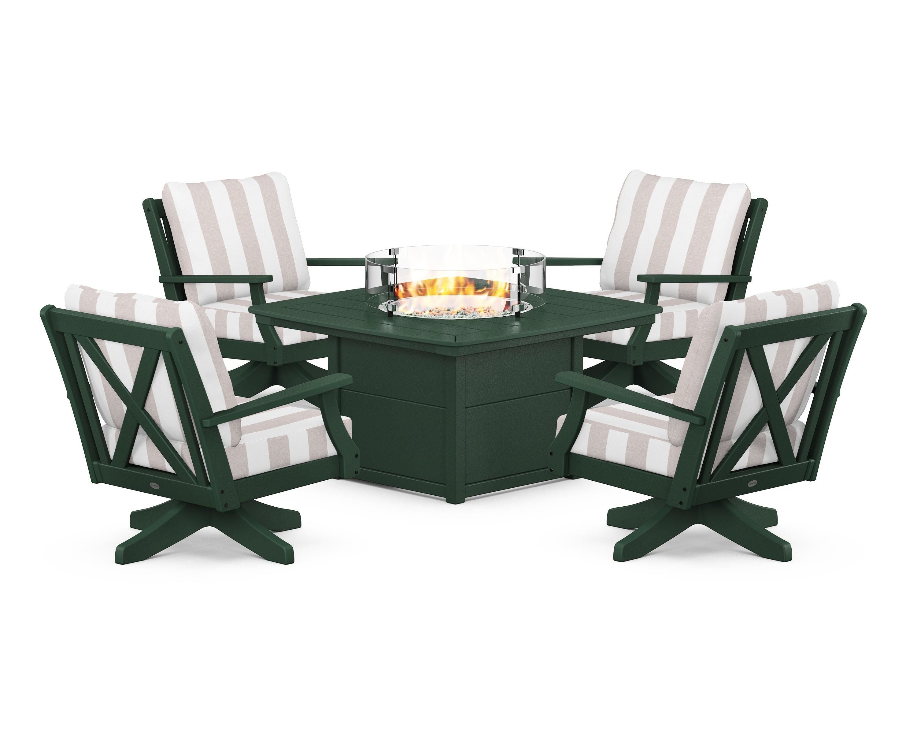 POLYWOOD® Braxton 5-Piece Deep Seating Swivel Conversation Set with Fire Pit Table in Green / Cabana Stripe Dune Burlap
