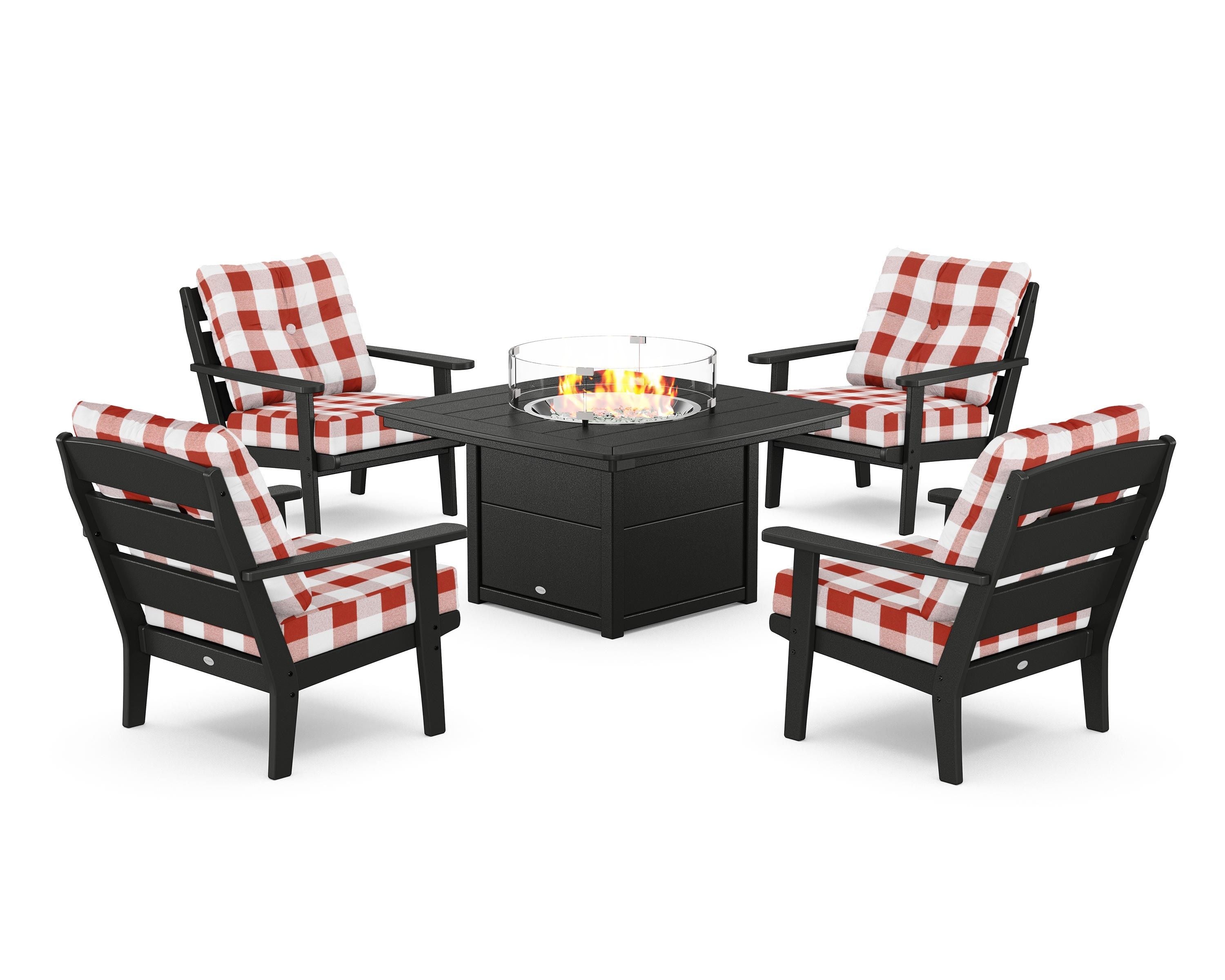 POLYWOOD® Lakeside 5-Piece Deep Seating Set with Nautical Fire Pit Table in Black / Buffalo Plaid Crimson