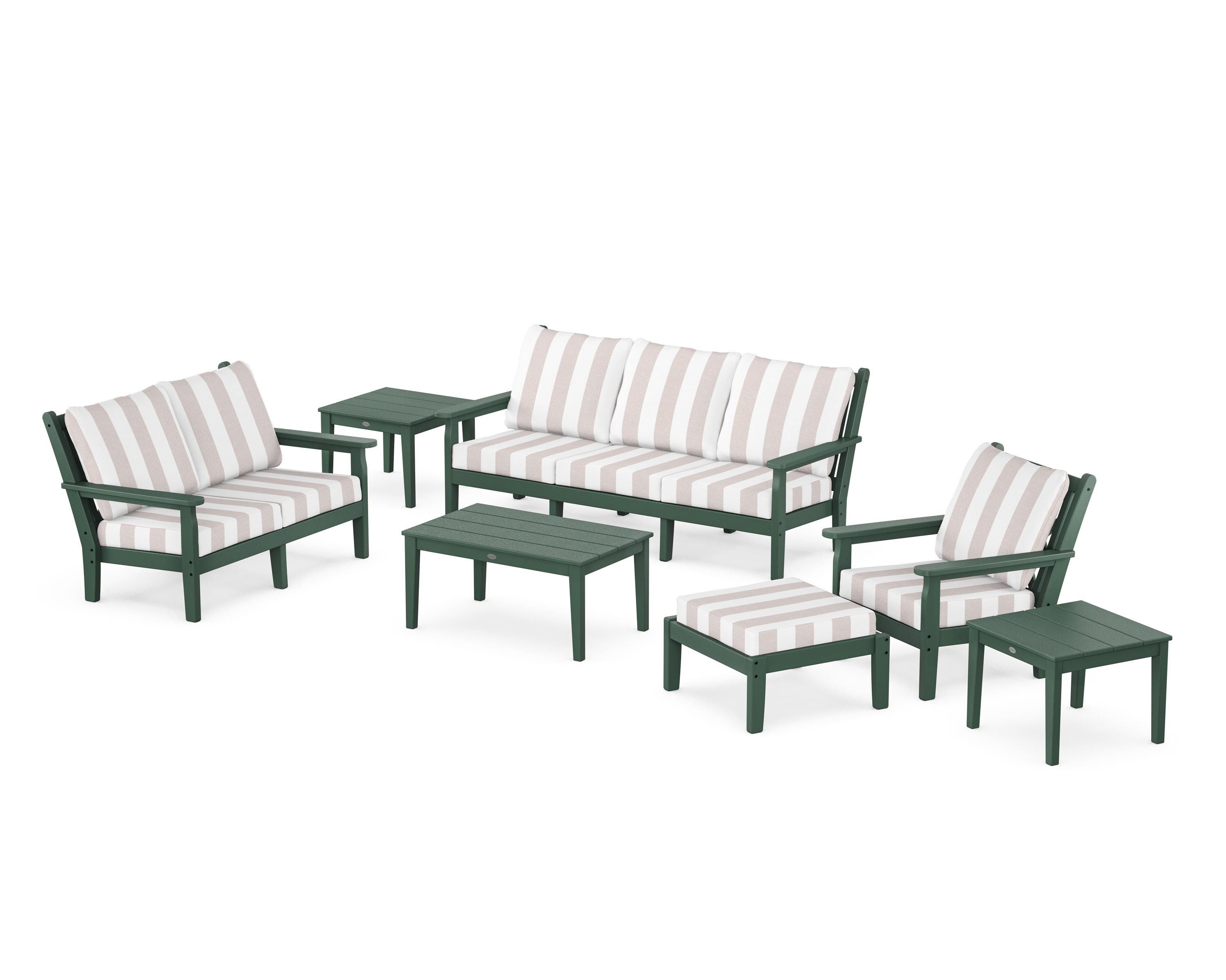 POLYWOOD® Chippendale 7-Piece Deep Seating Set in Green / Cabana Stripe Dune Burlap