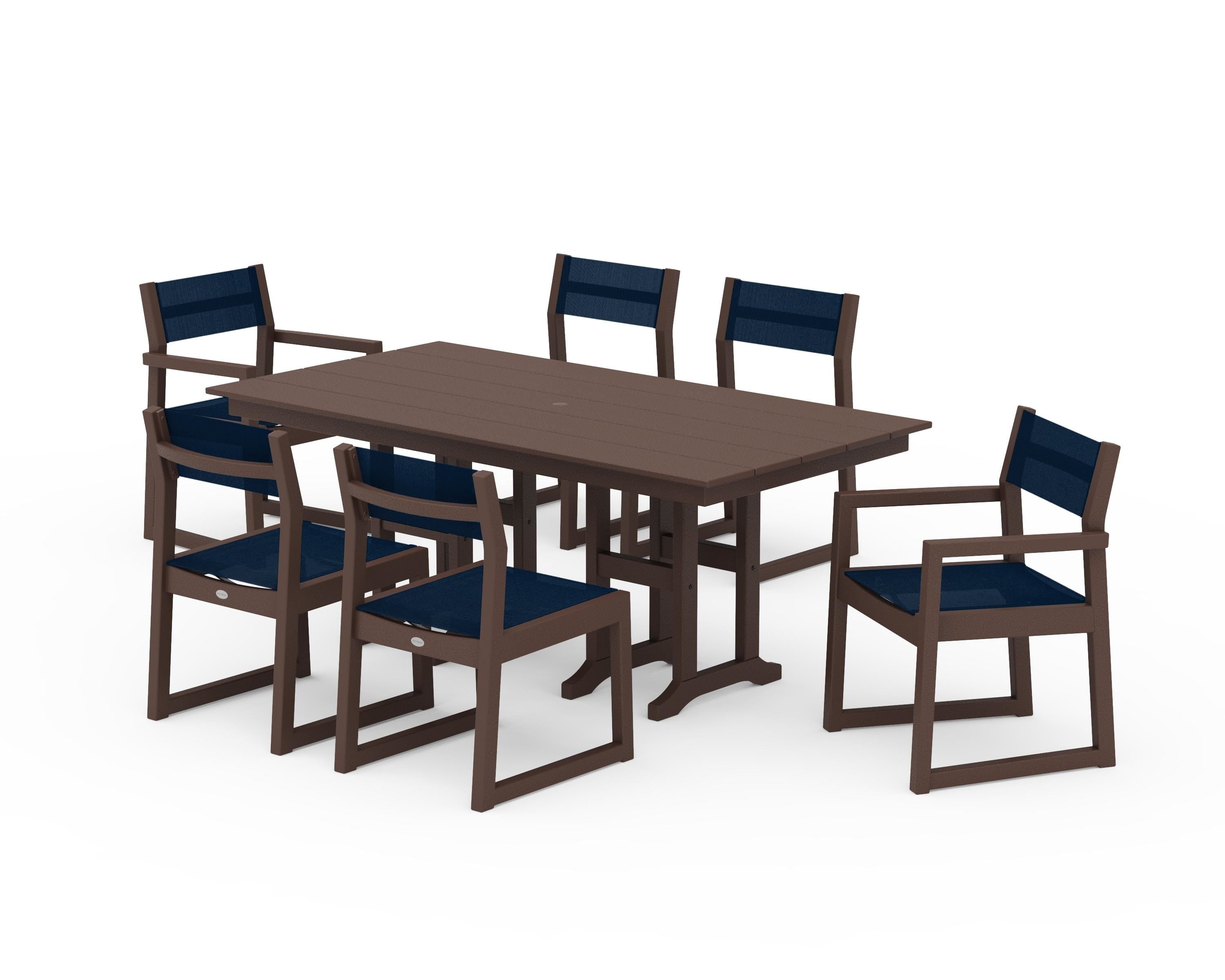 POLYWOOD® EDGE Sling 7-Piece Farmhouse Dining Set in Mahogany / Navy Blue Sling