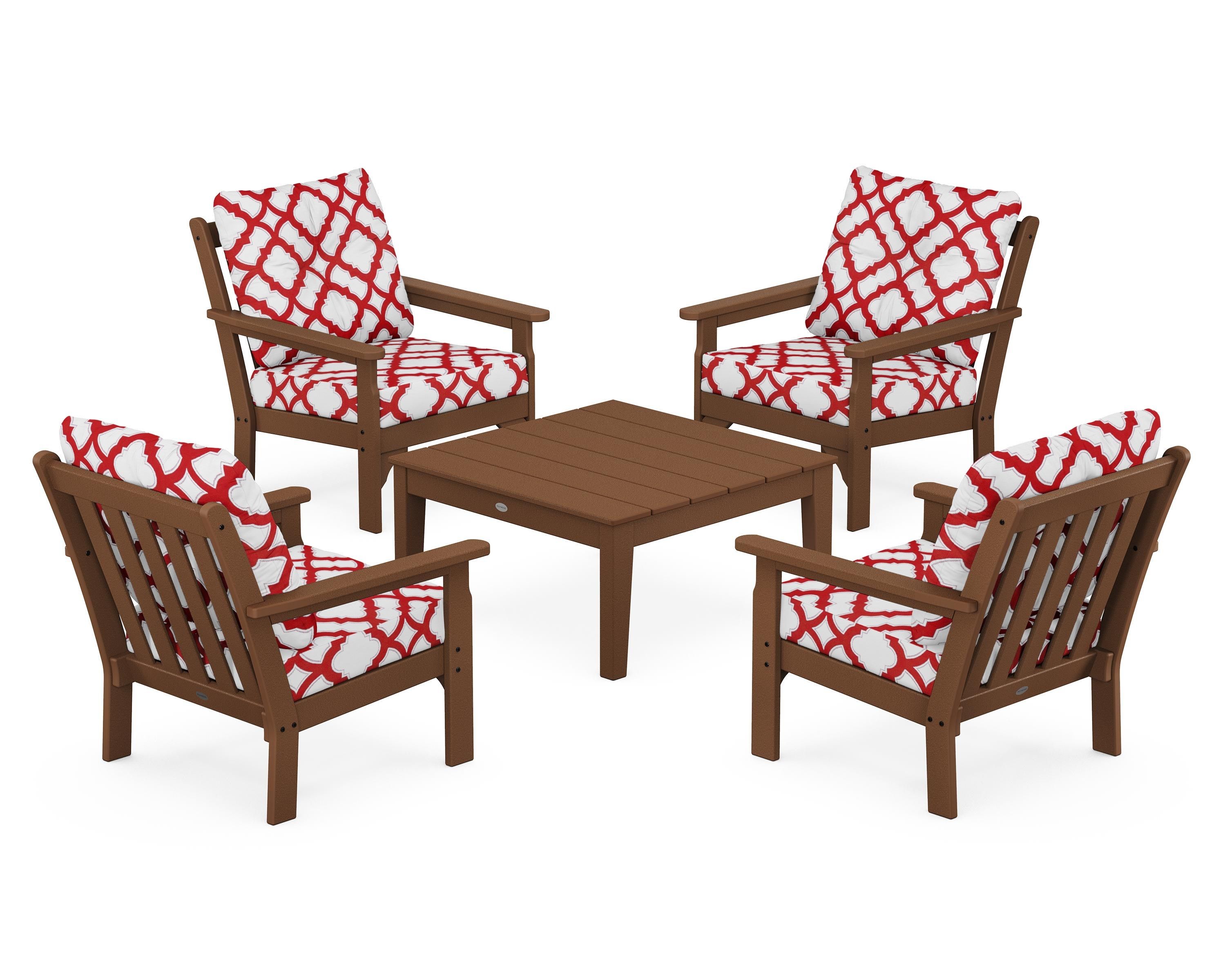 POLYWOOD® Vineyard 5-Piece Deep Seating Conversation Set in Teak / Trellis Crimson