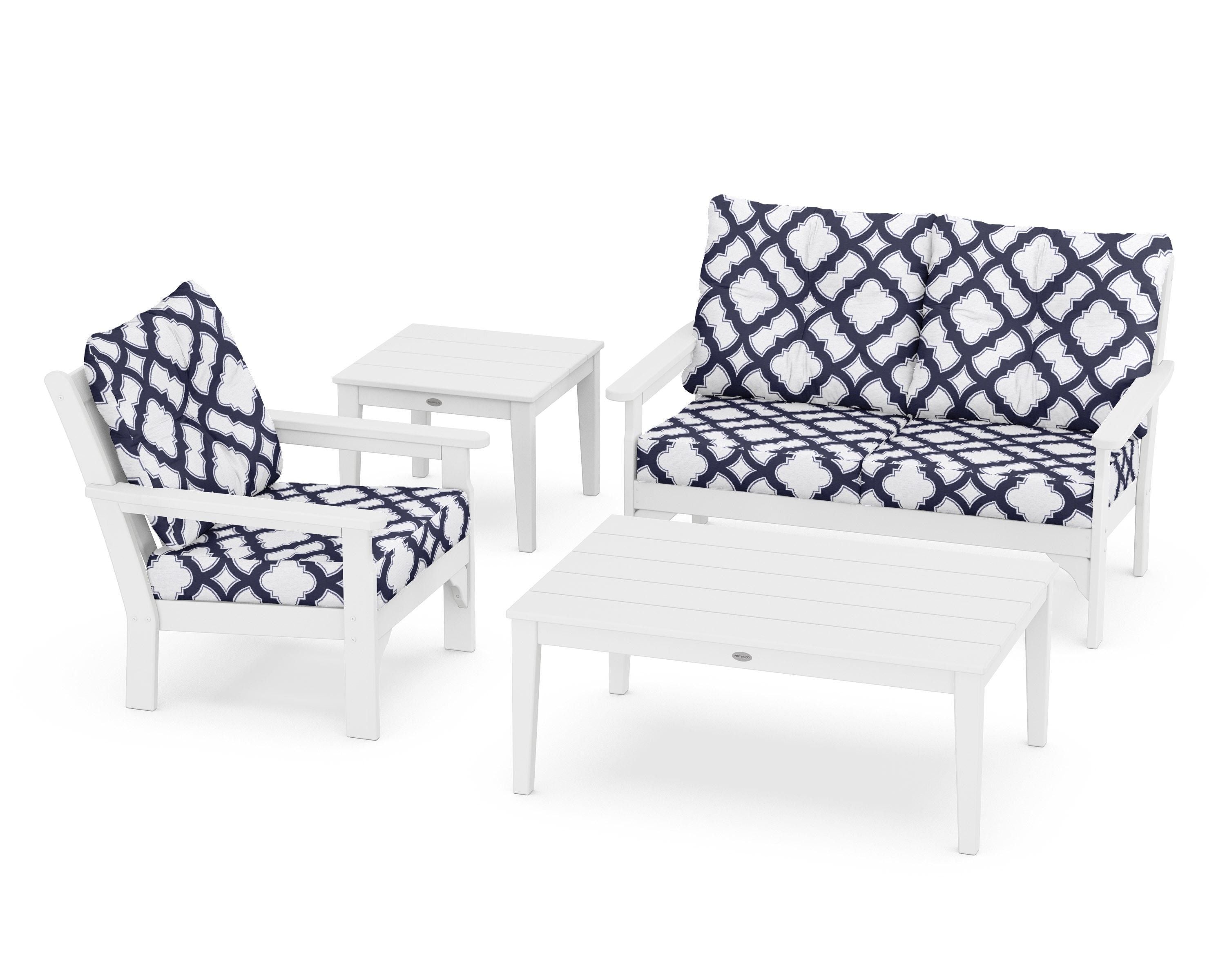 POLYWOOD® Vineyard 4-Piece Deep Seating Set in White / Trellis Navy
