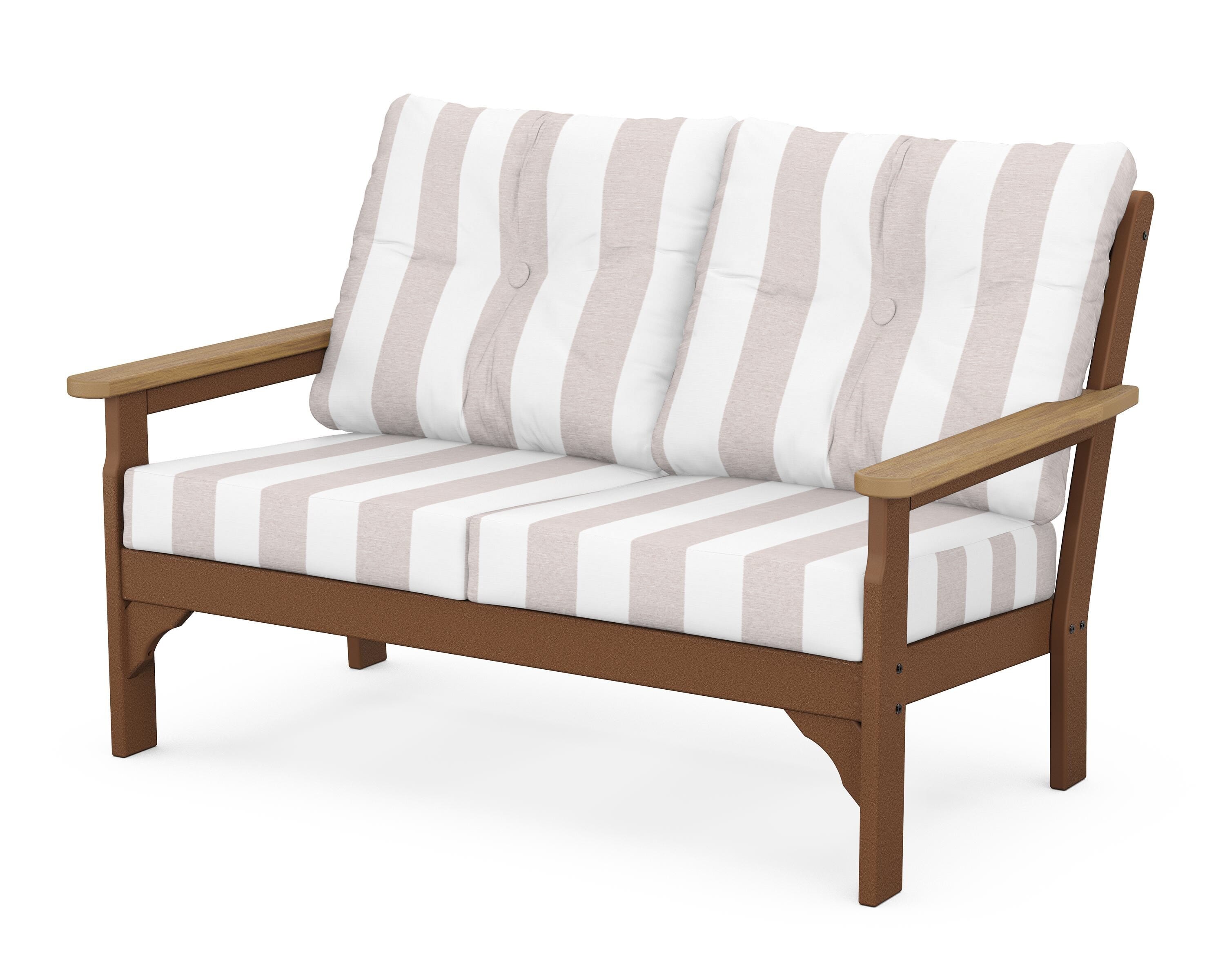 POLYWOOD® Vineyard Deep Seating Loveseat in Teak / Natural / Cabana Stripe Dune Burlap