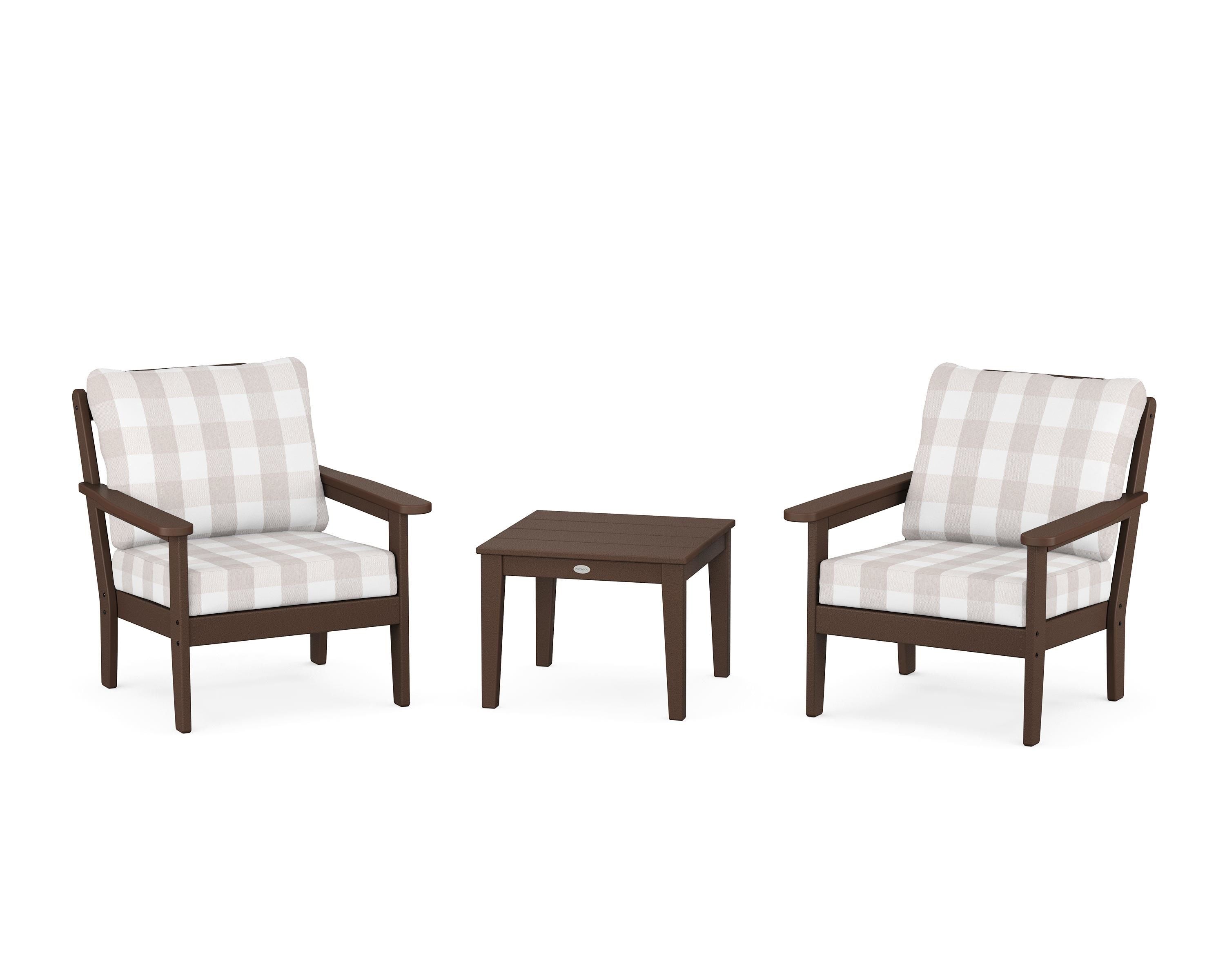 Country Living Cottage 3-Piece Deep Seating Set in Mahogany / Buffalo Plaid Dune Burlap