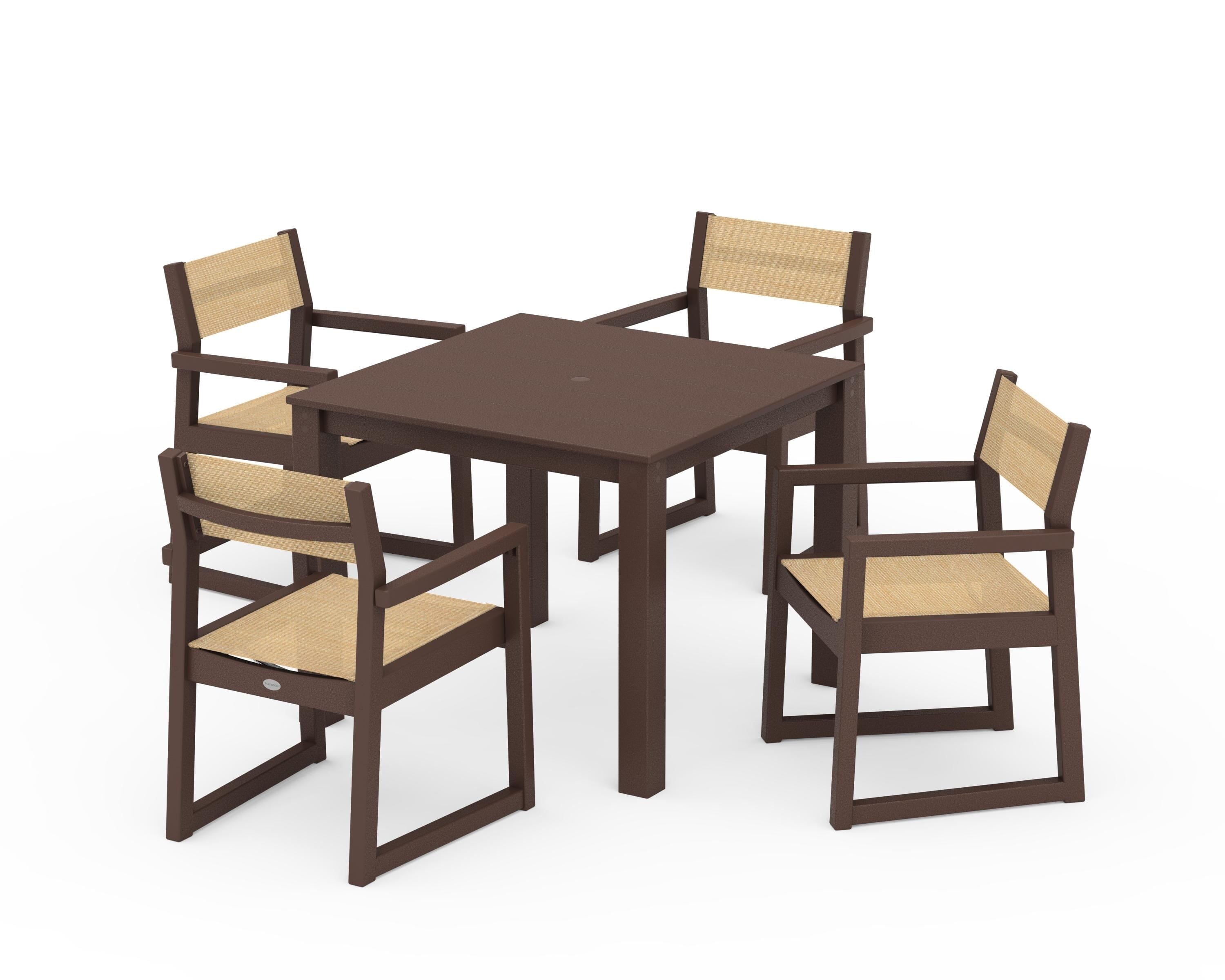 POLYWOOD® EDGE Sling Arm Chair 5-Piece Parsons Dining Set in Mahogany / Dupioni Apricot Sling