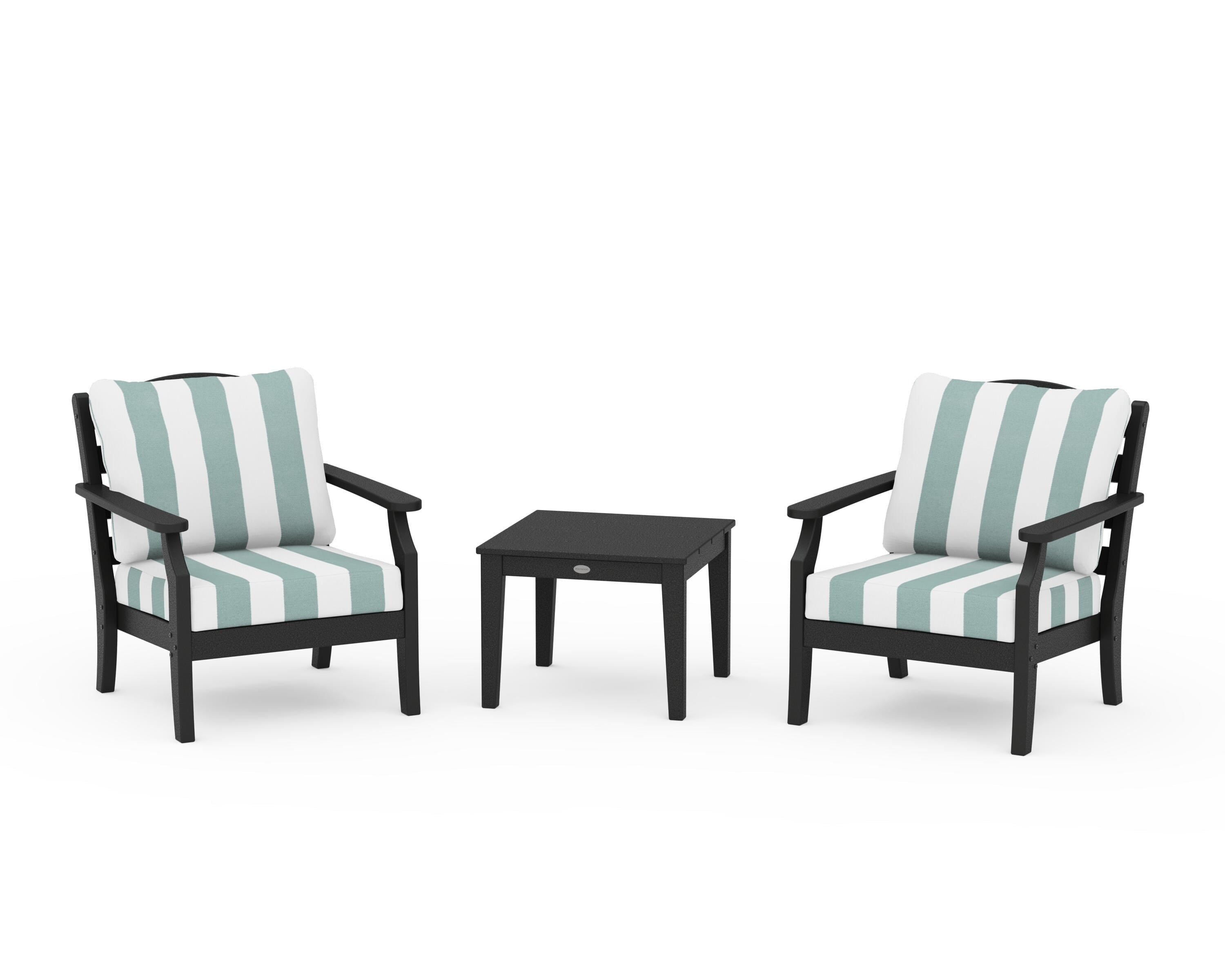Draper James™ by POLYWOOD® Savannah 3-Piece Deep Seating Set in Black / Cabana Stripe Glacier Spa