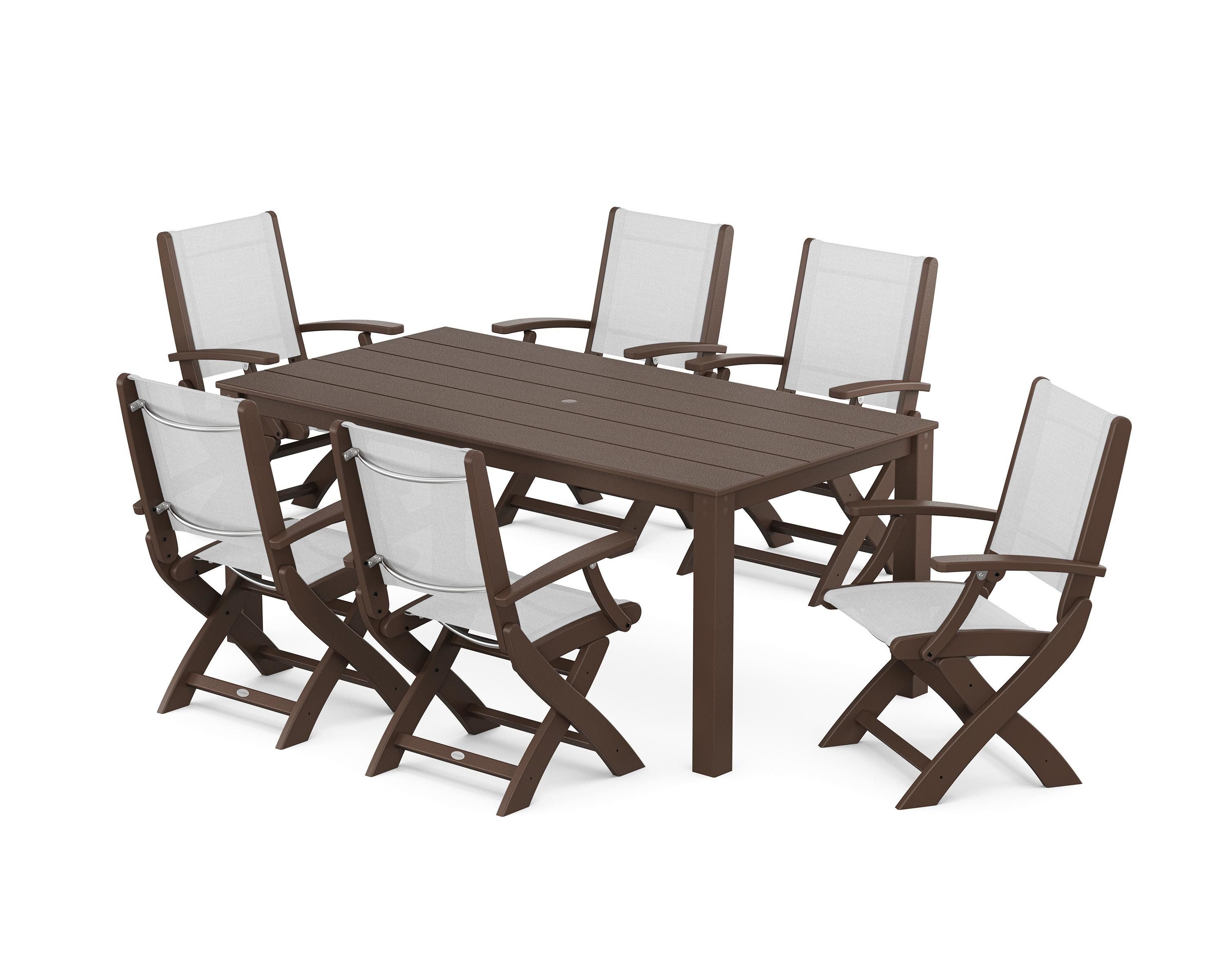 POLYWOOD® Coastal Folding Chair 7-Piece Parsons Dining Set in Mahogany / White Sling