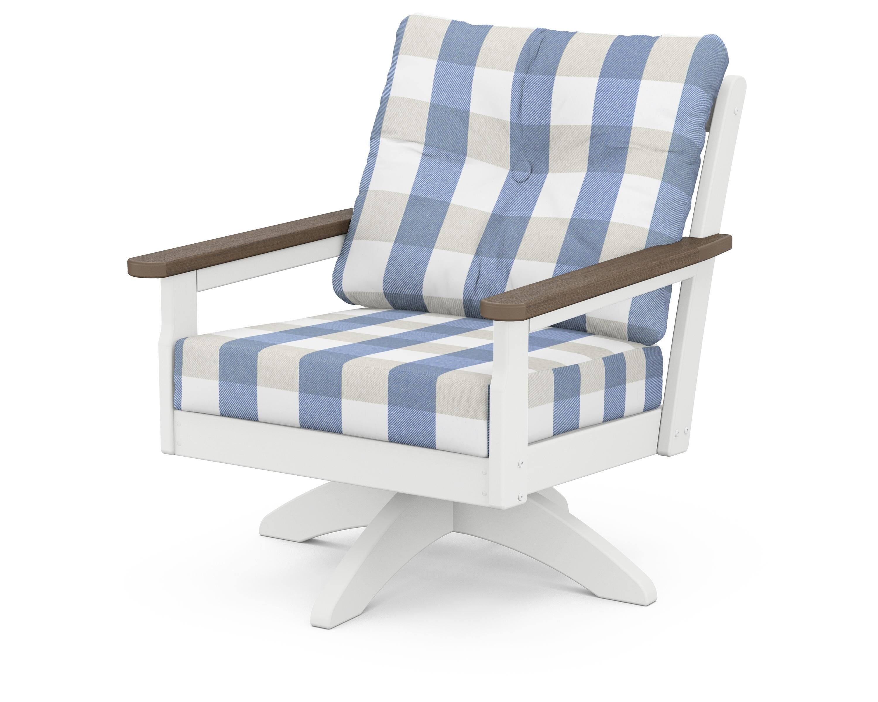 POLYWOOD® Vineyard Deep Seating Swivel Chair in White / Kona / Buffalo Plaid Sky Blue