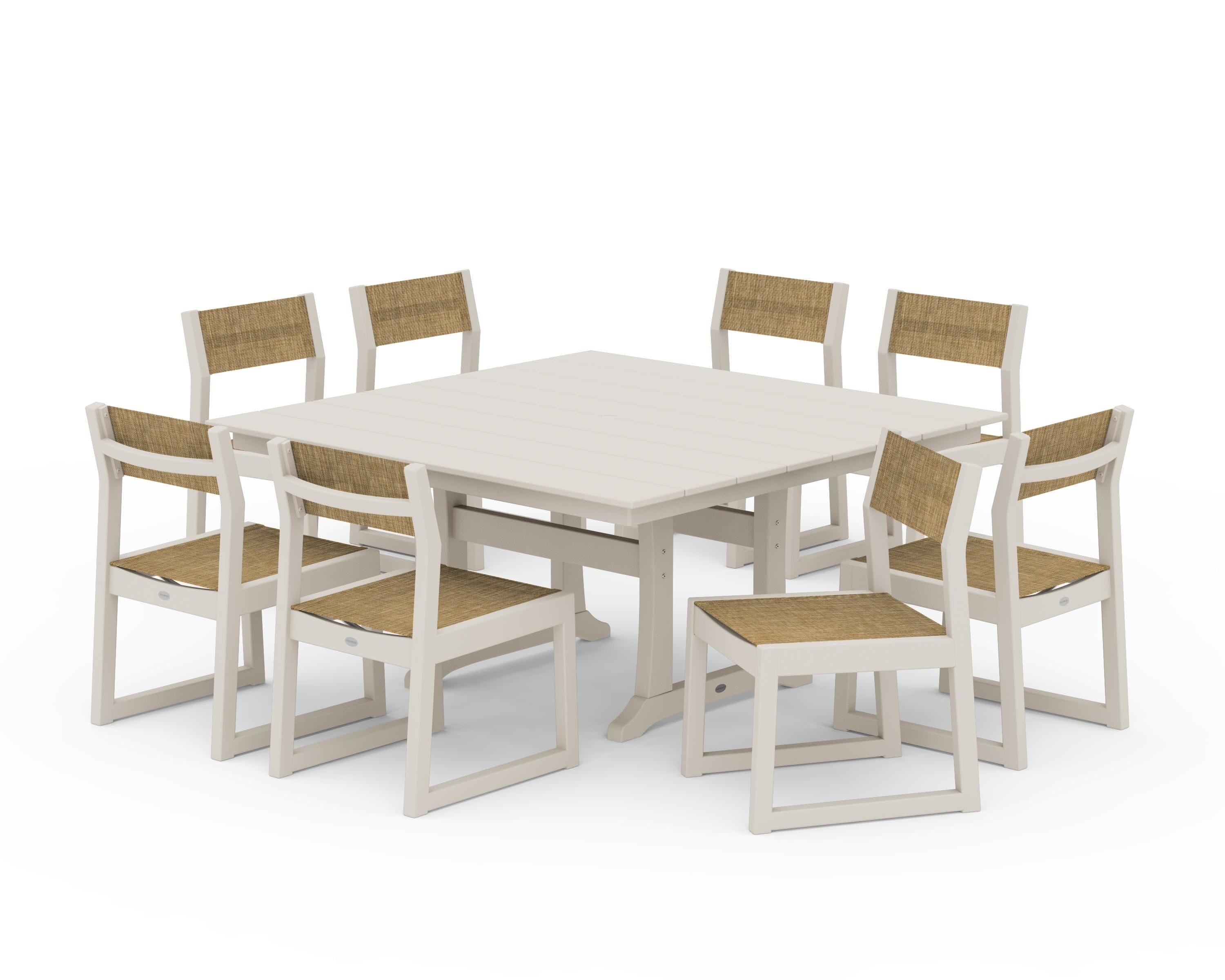 POLYWOOD® EDGE Sling Side Chair 9-Piece Farmhouse Trestle Dining Set in Sand / Burlap Sling