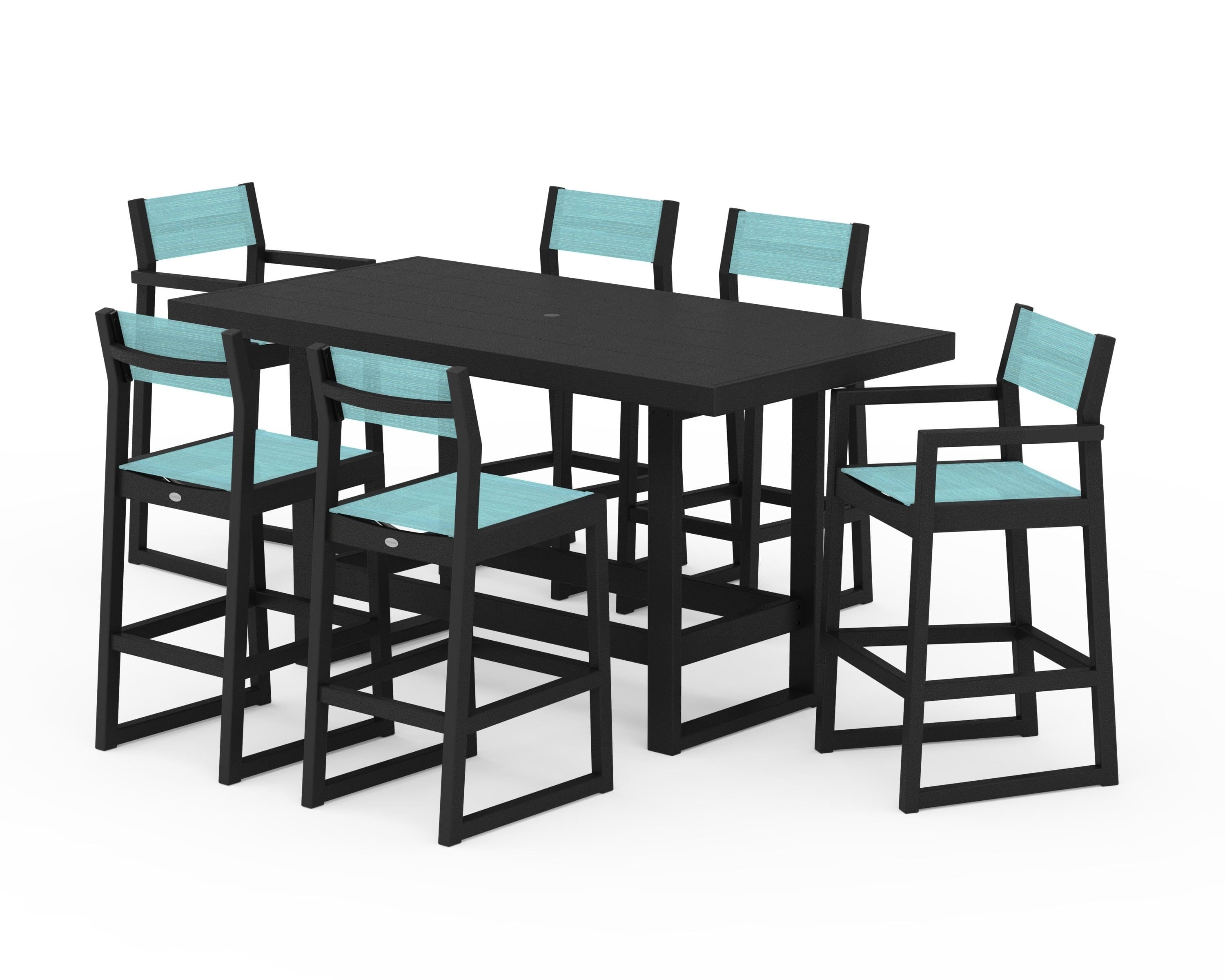 POLYWOOD® EDGE Sling 7-Piece Bar Table Set in Black / Dupioni Aquamarine Sling