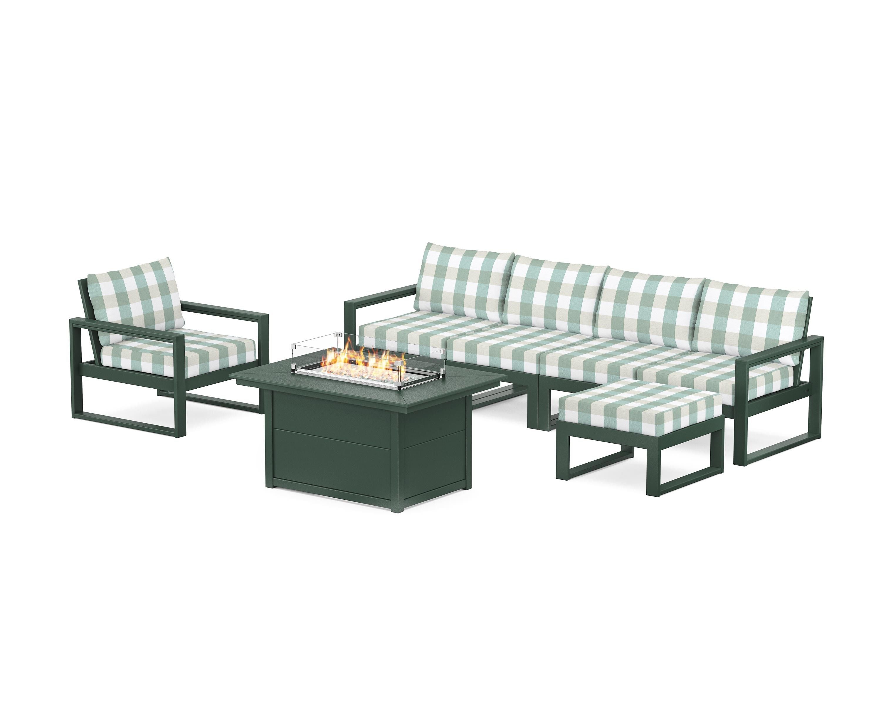 POLYWOOD® EDGE Sectional Lounge and Fire Pit Set in Green / Buffalo Plaid Glacier Spa