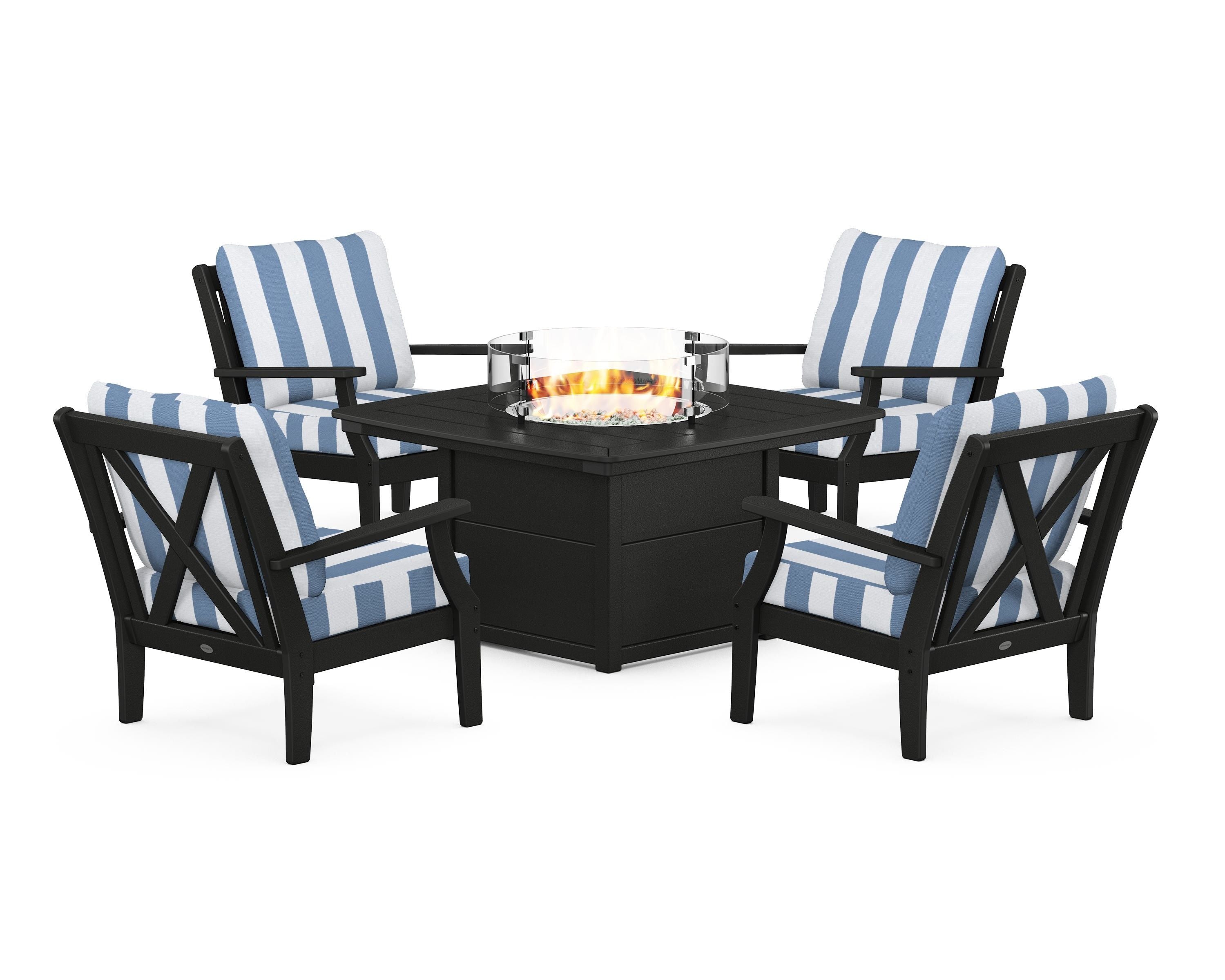 POLYWOOD® Braxton 5-Piece Deep Seating Conversation Set with Fire Pit Table in Black / Cabana Stripe Sky Blue