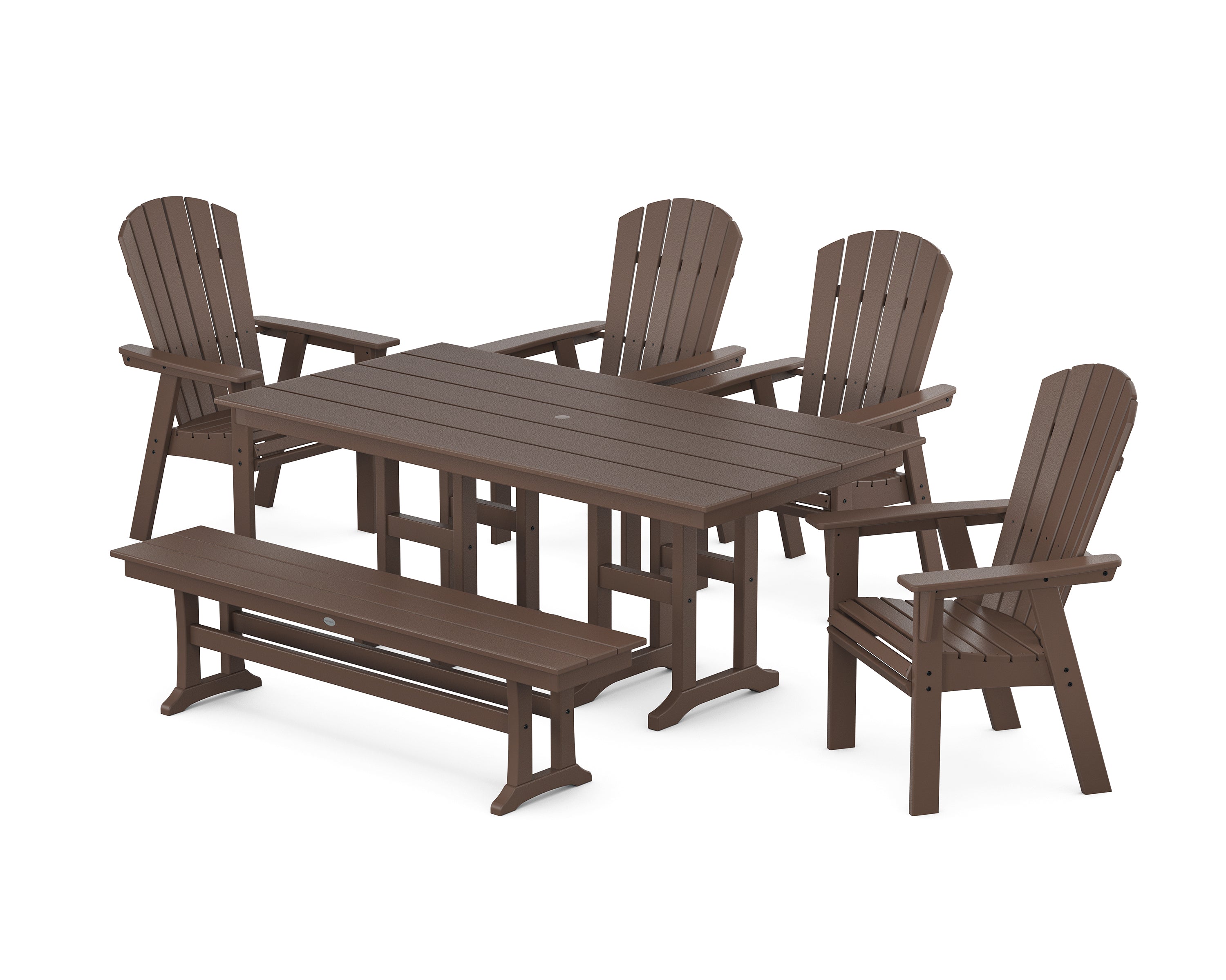 POLYWOOD® Nautical Curveback Adirondack 6-Piece Farmhouse Dining Set with Bench in Mahogany