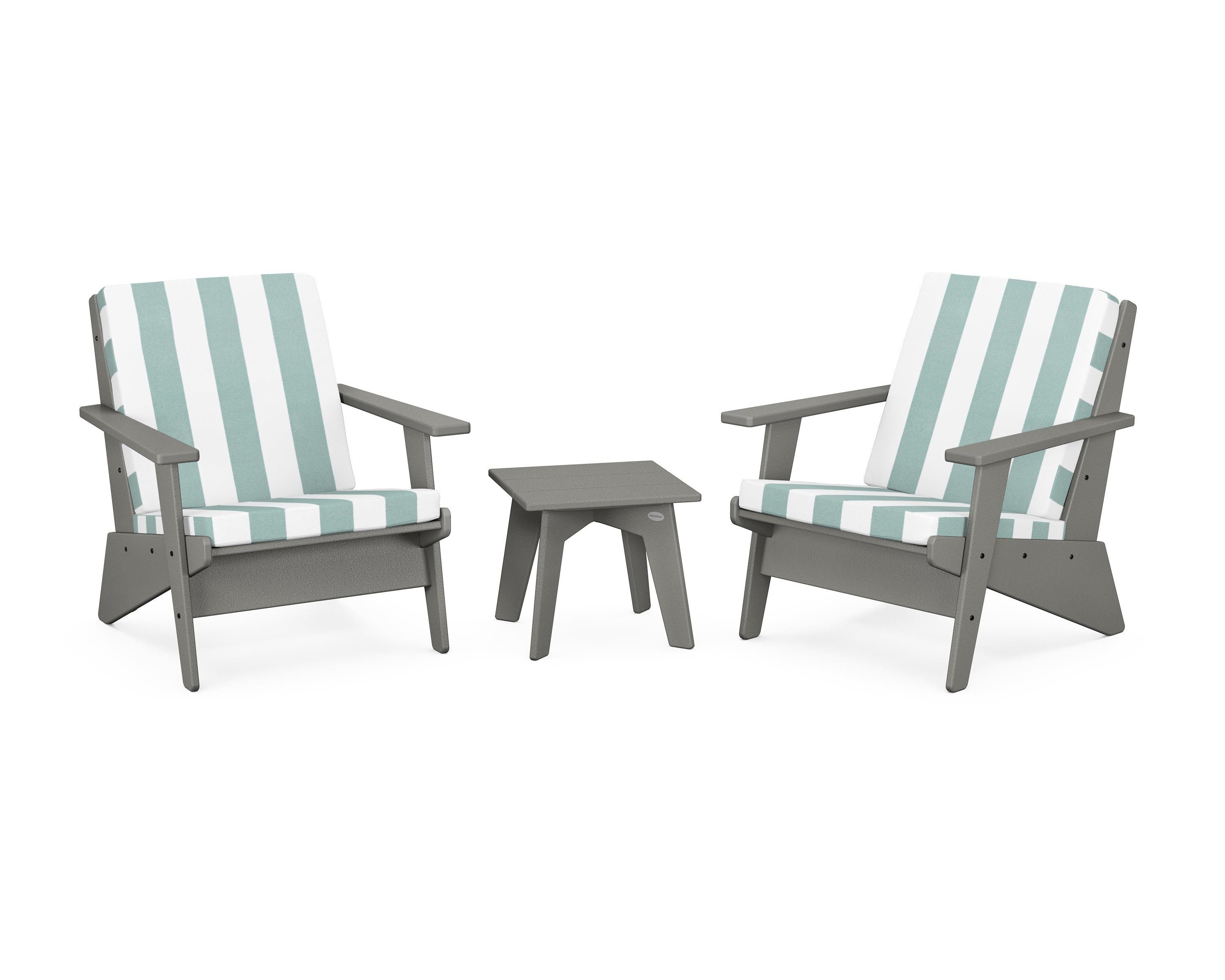 POLYWOOD® Riviera Modern Lounge 3-Piece Set in Slate Grey / Cabana Stripe Glacier Spa