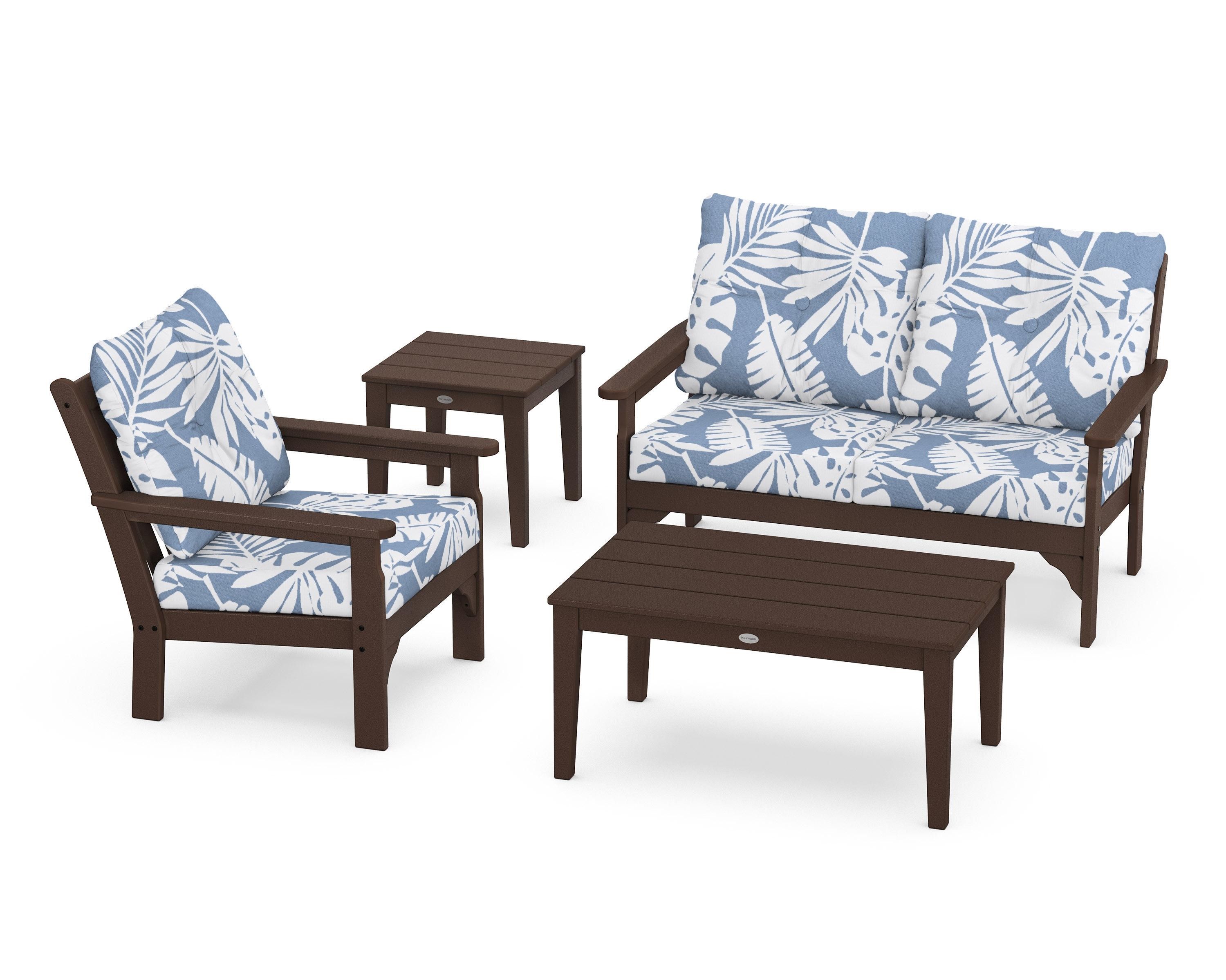 POLYWOOD® Vineyard 4-Piece Deep Seating Set in Mahogany / Leaf Sky Blue