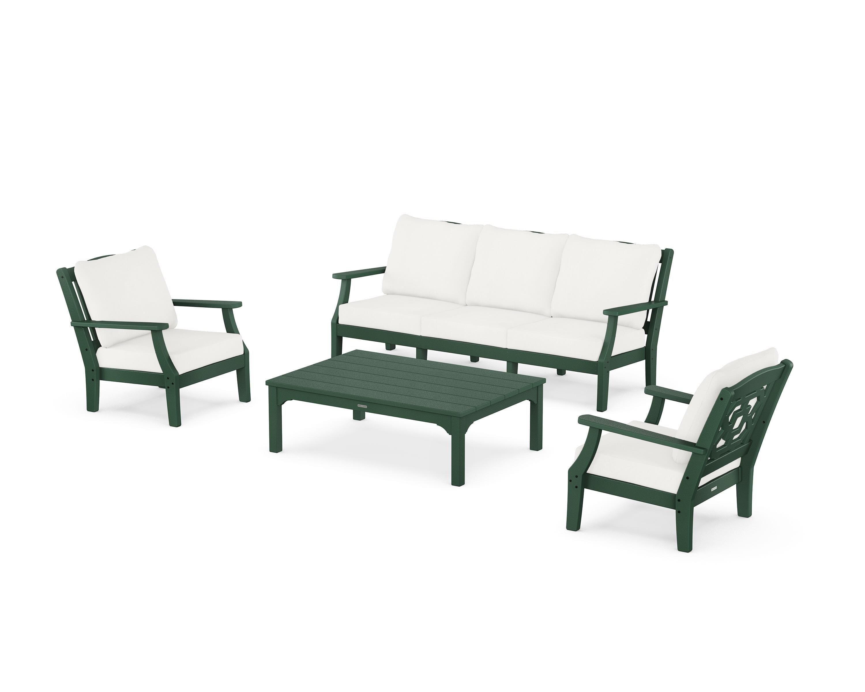 Martha Stewart by POLYWOOD® Chinoiserie 4-Piece Deep Seating Set with Sofa in Green / Natural Linen