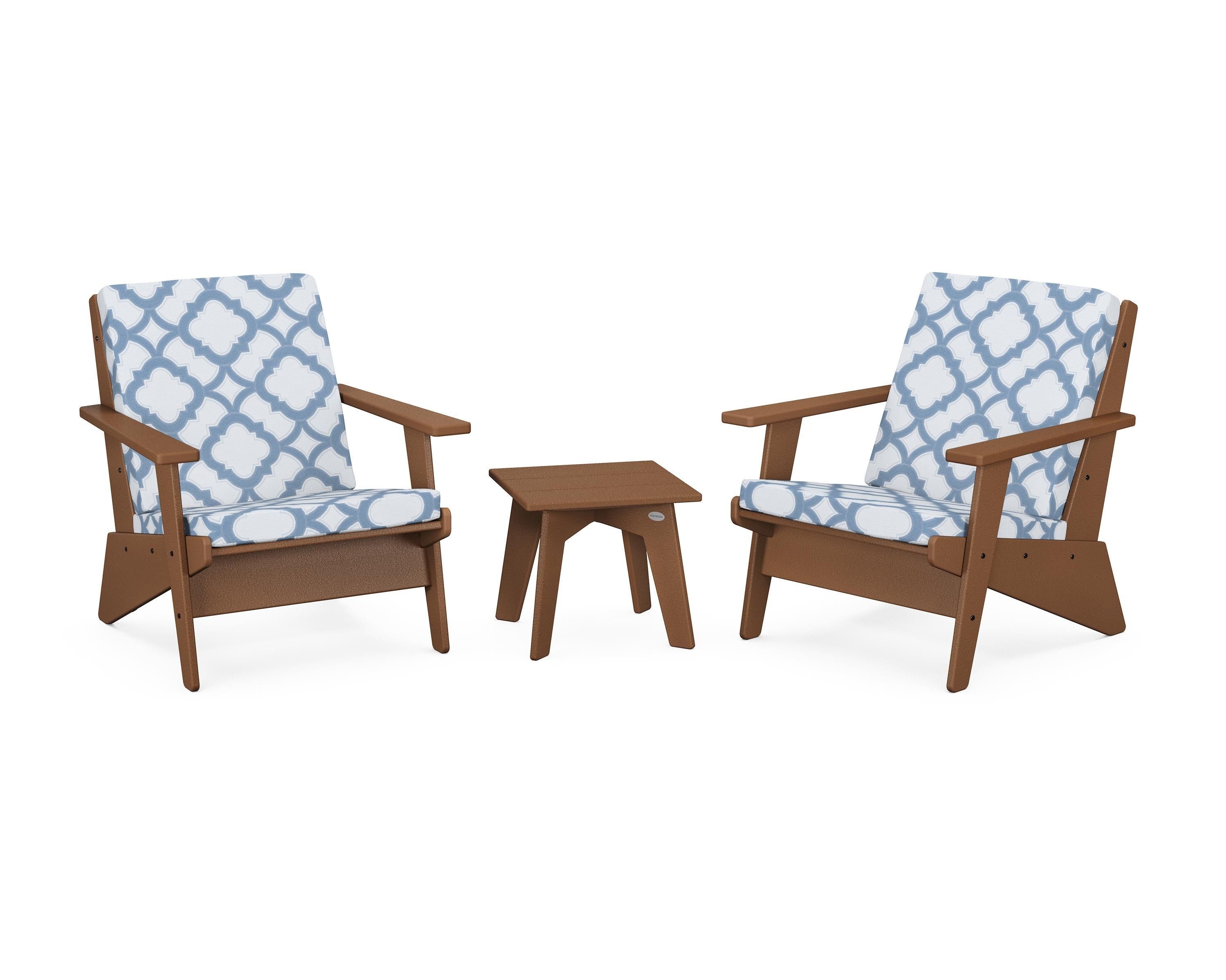 POLYWOOD® Riviera Modern Lounge 3-Piece Set in Teak / Trellis Sky Blue