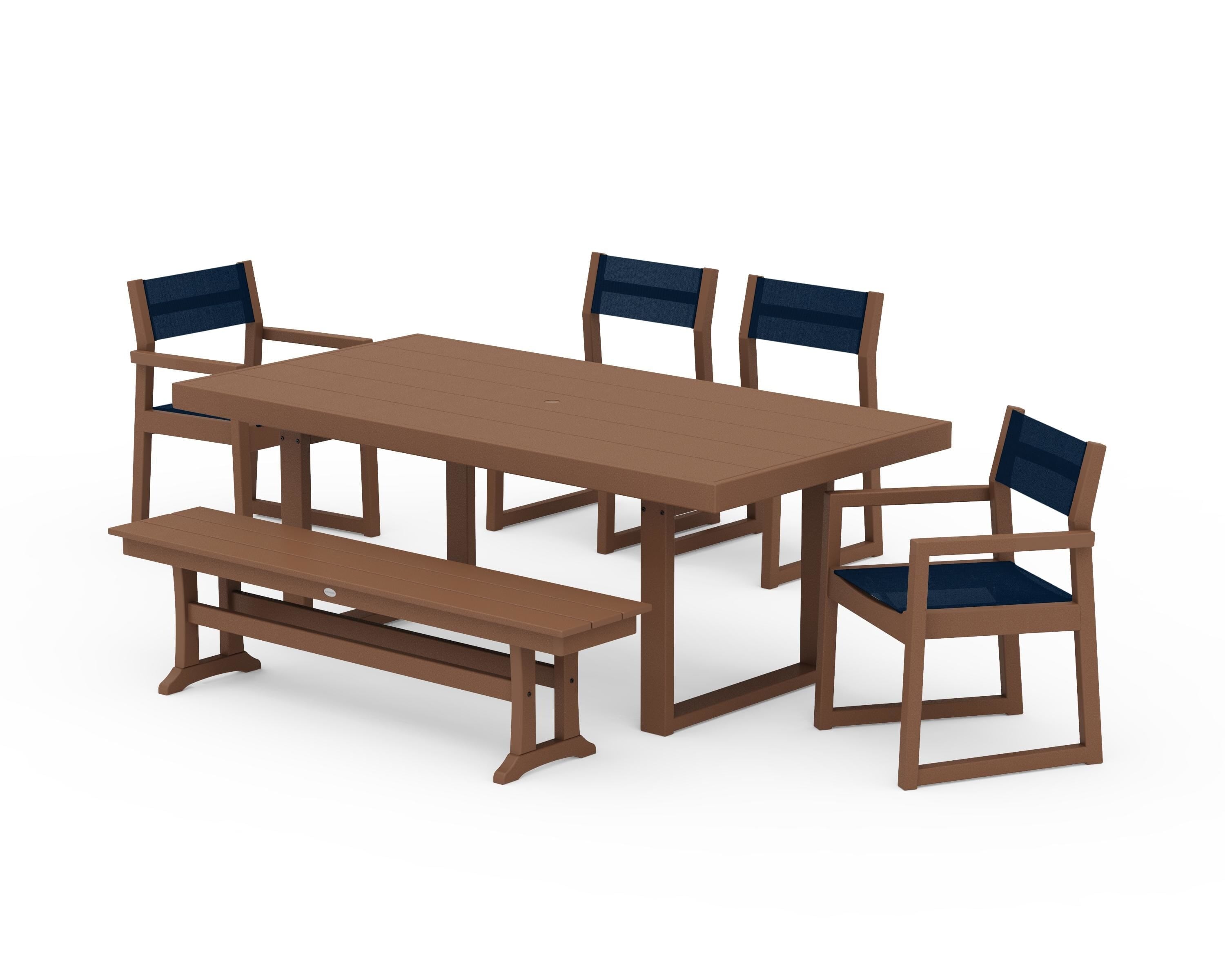 POLYWOOD® EDGE Sling 6-Piece Dining Set with Bench in Teak / Navy Blue Sling