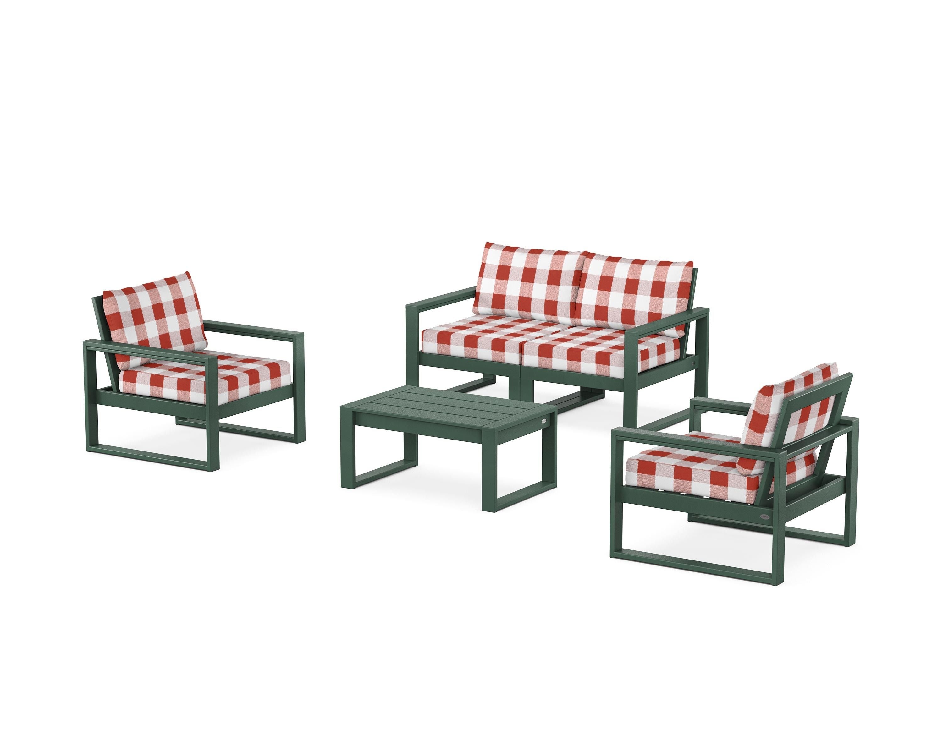 POLYWOOD® EDGE Sectional 4-Piece Deep Seating Set with Loveseat in Green / Buffalo Plaid Crimson