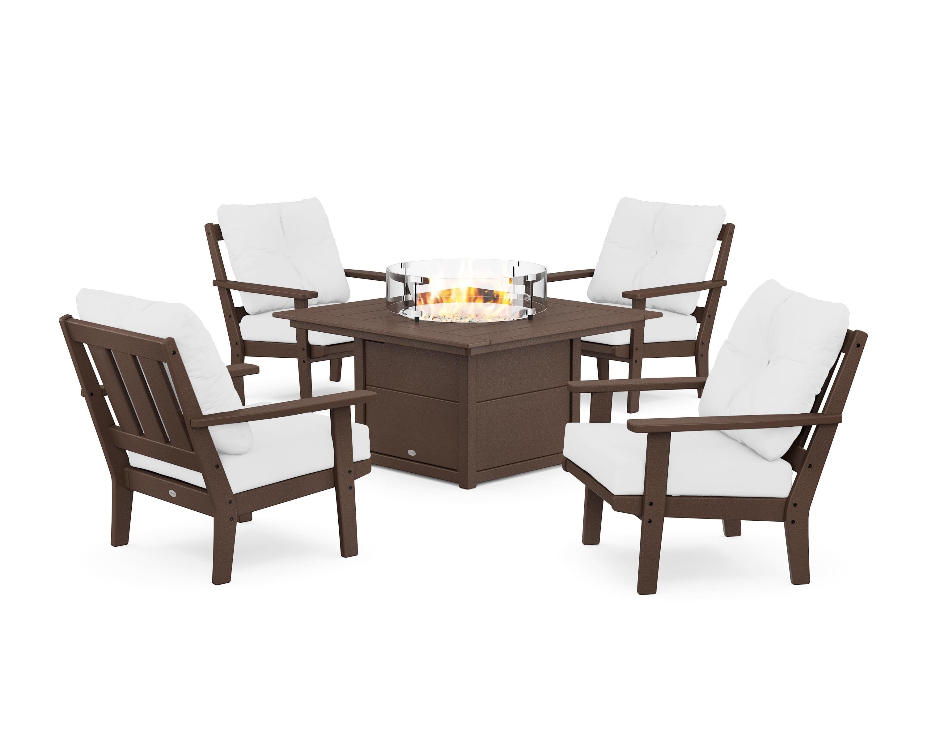 POLYWOOD® Oxford 5-Piece Deep Seating Set with Fire Pit Table in Mahogany / Natural