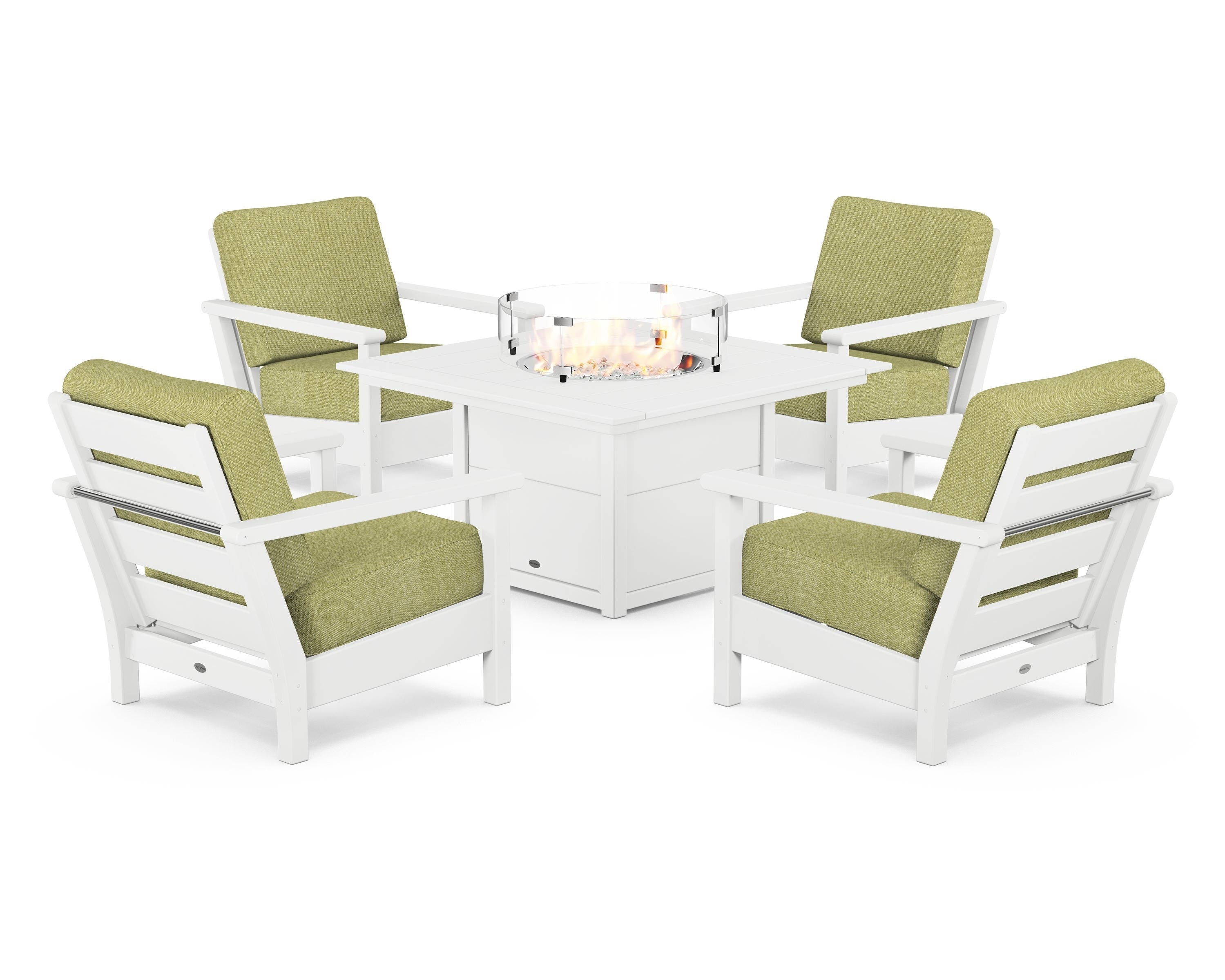 POLYWOOD® Harbour 5-Piece Conversation Set with Fire Pit Table in White / Chartreuse Boucle