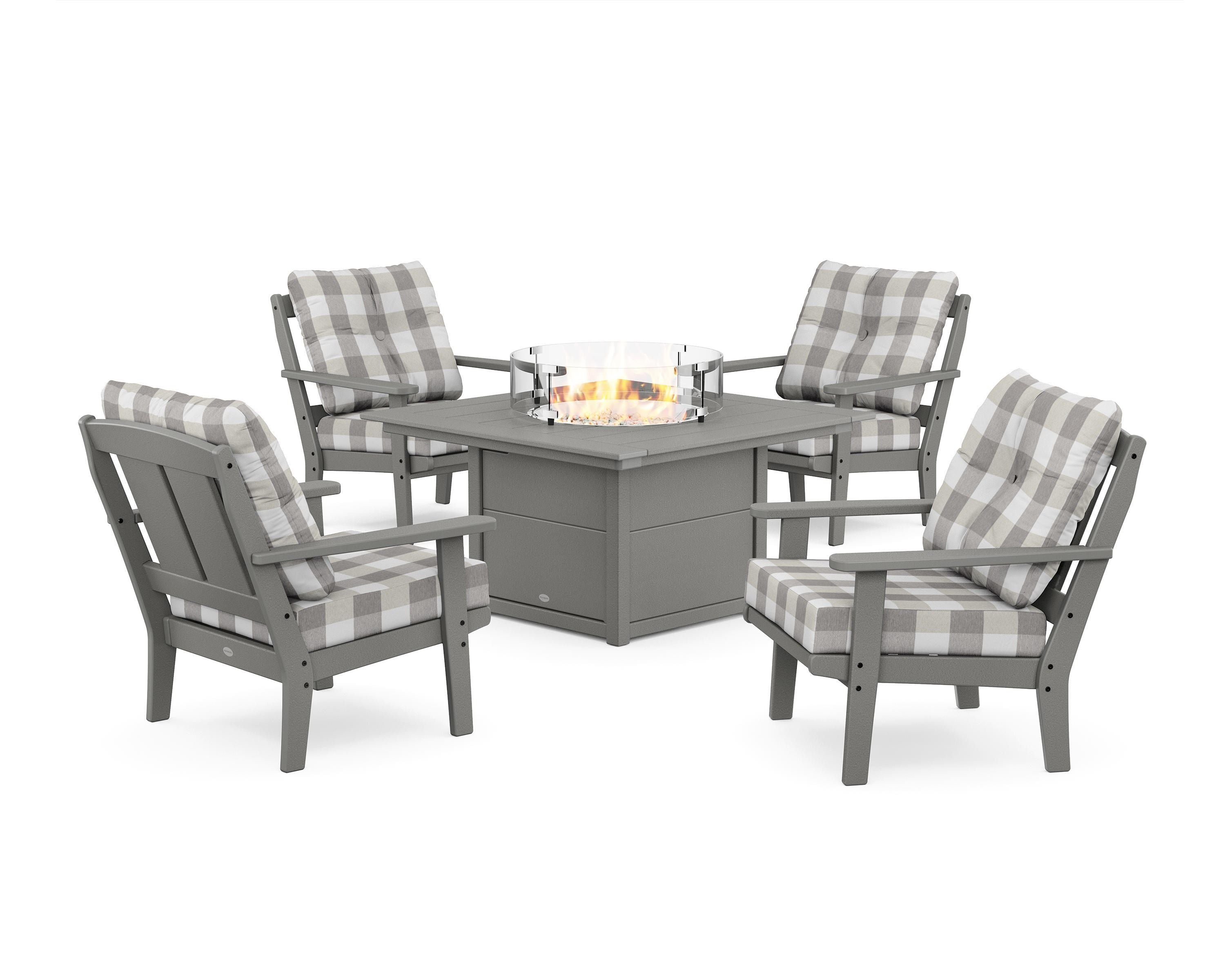 POLYWOOD® Mission 5-Piece Deep Seating Set with Fire Pit Table in Slate Grey / Buffalo Plaid Grey Mist