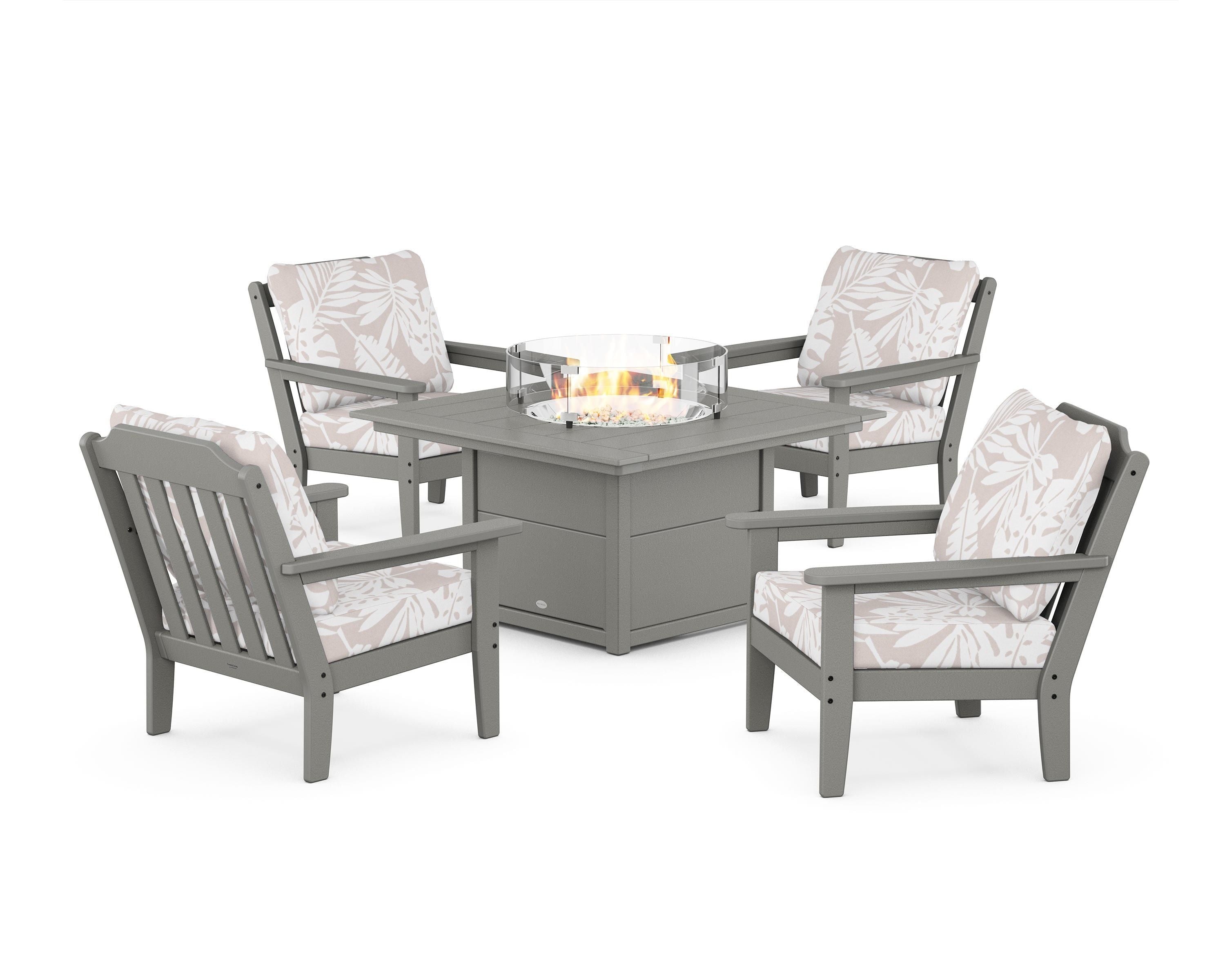 Country Living Cottage 5-Piece Deep Seating Set with Fire Pit Table in Slate Grey / Leaf Dune Burlap