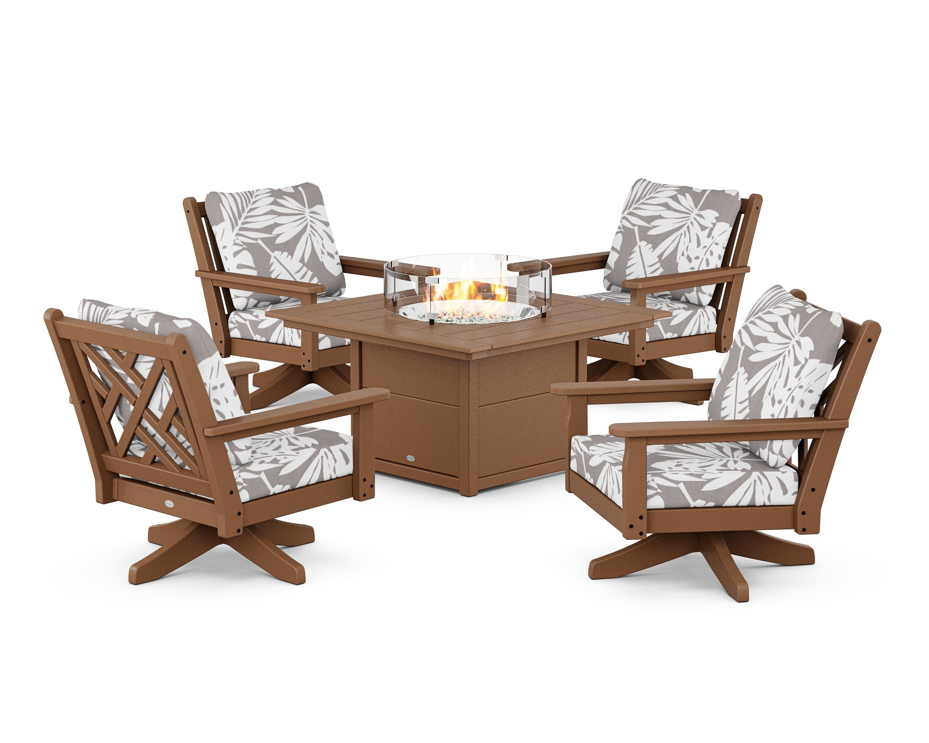 POLYWOOD® Chippendale 5-Piece Deep Seating Swivel Conversation Set with Fire Pit Table in Teak / Leaf Grey Mist
