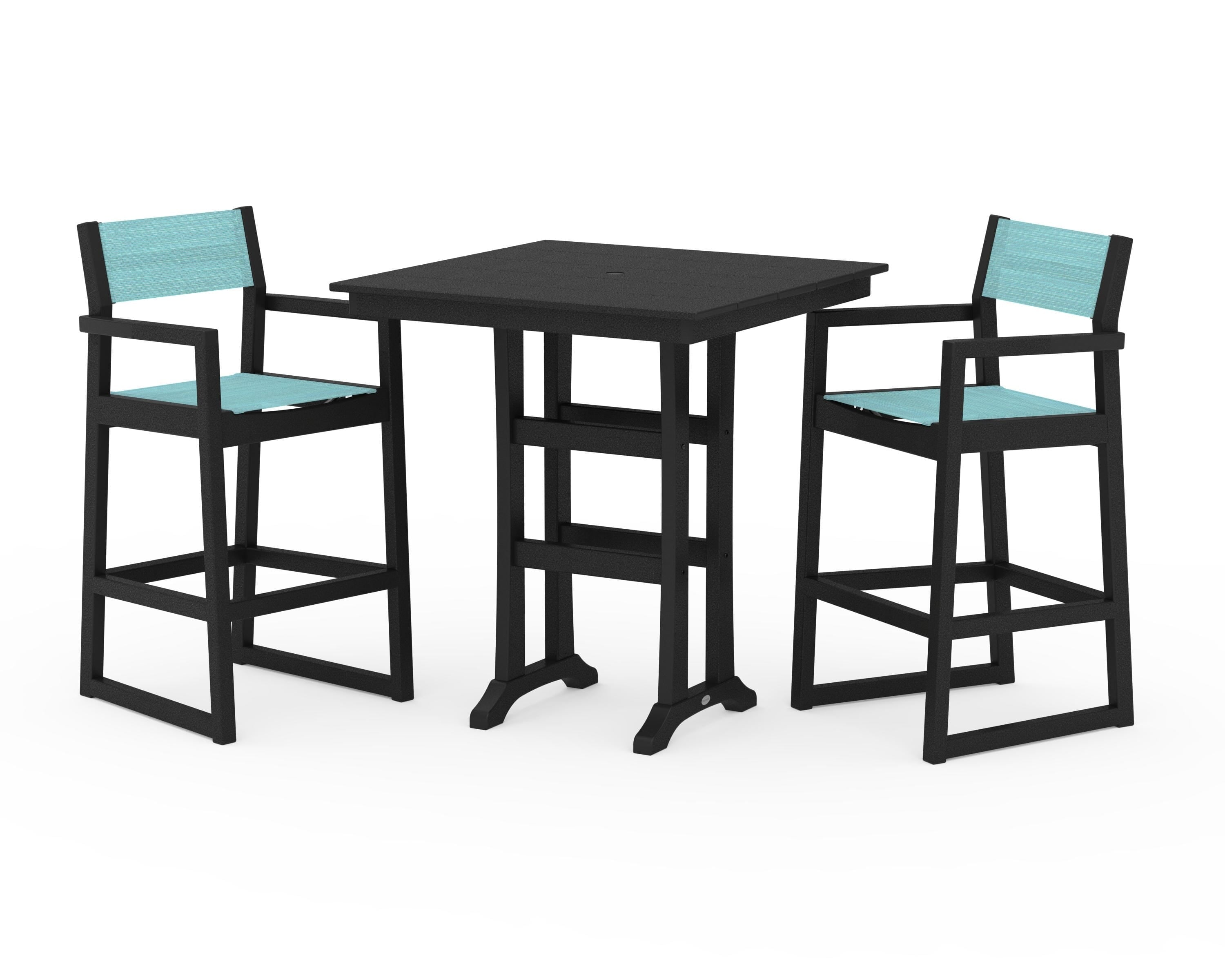 POLYWOOD® EDGE Sling Arm Chair 3-Piece Farmhouse Bar Set with Trestle Legs in Black / Dupioni Aquamarine Sling