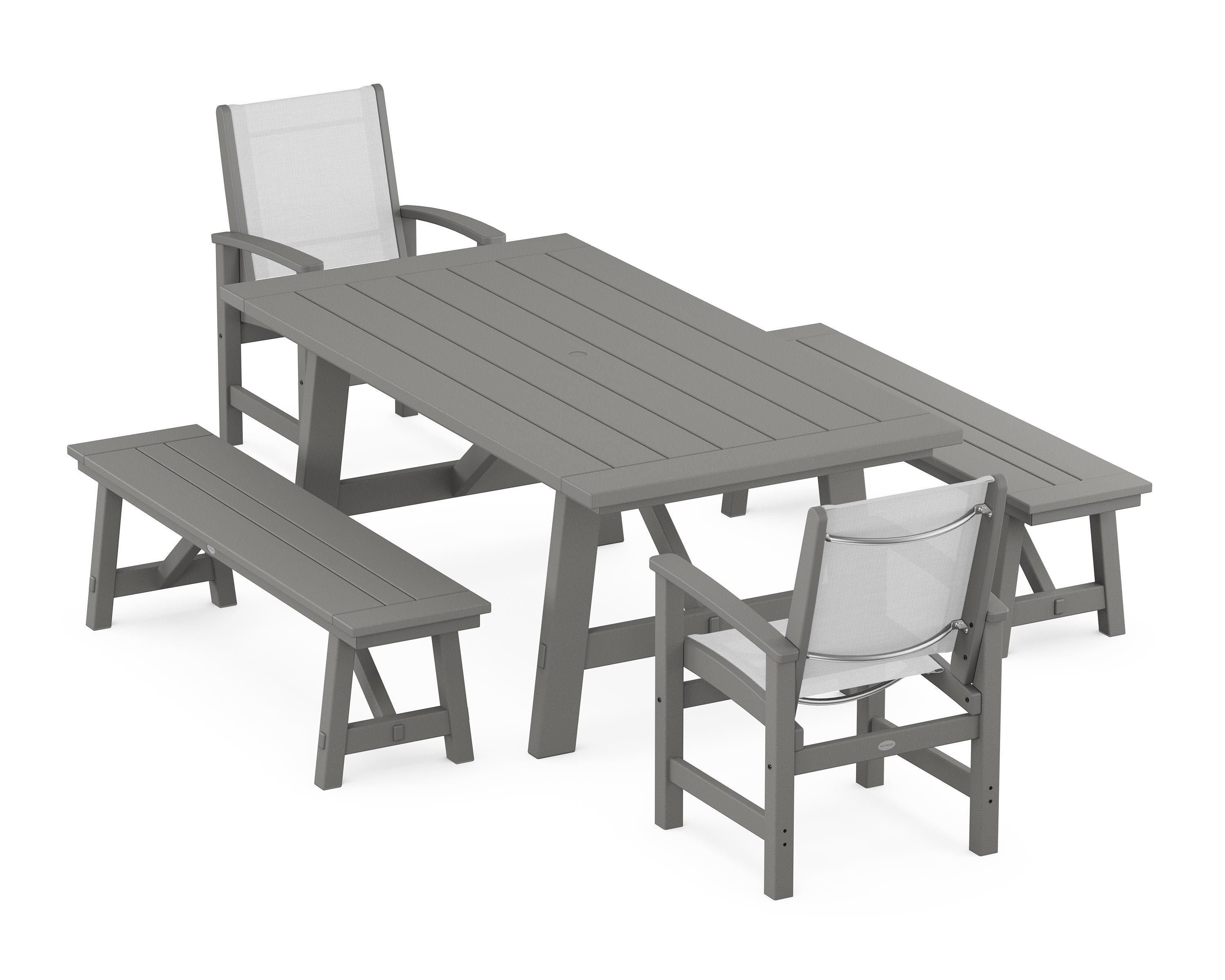 POLYWOOD® Coastal 5-Piece Rustic Farmhouse Dining Set With Benches in Slate Grey / White Sling