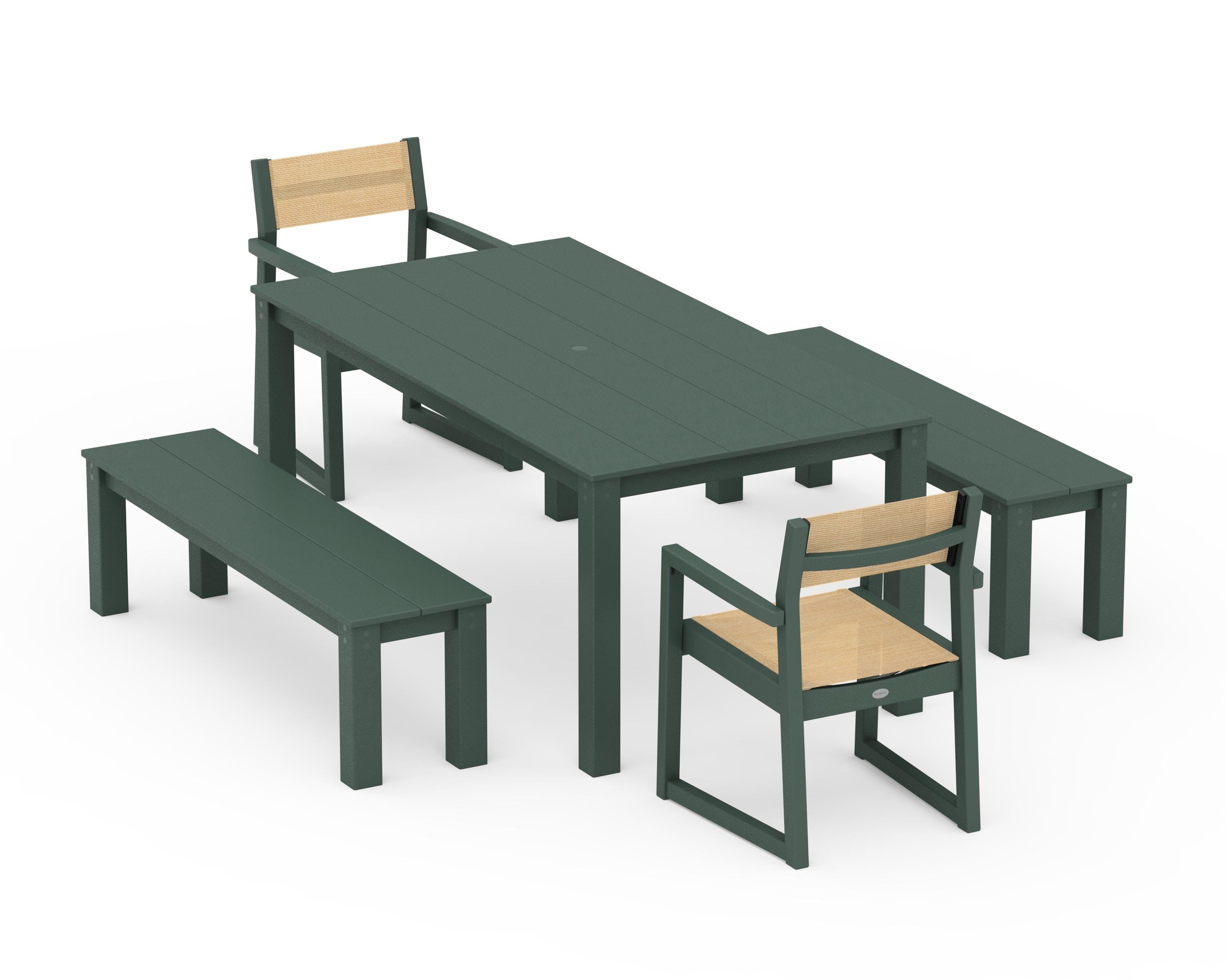 POLYWOOD® EDGE Sling Arm Chair 5-Piece Parsons Dining Set with Benches in Green / Dupioni Apricot Sling
