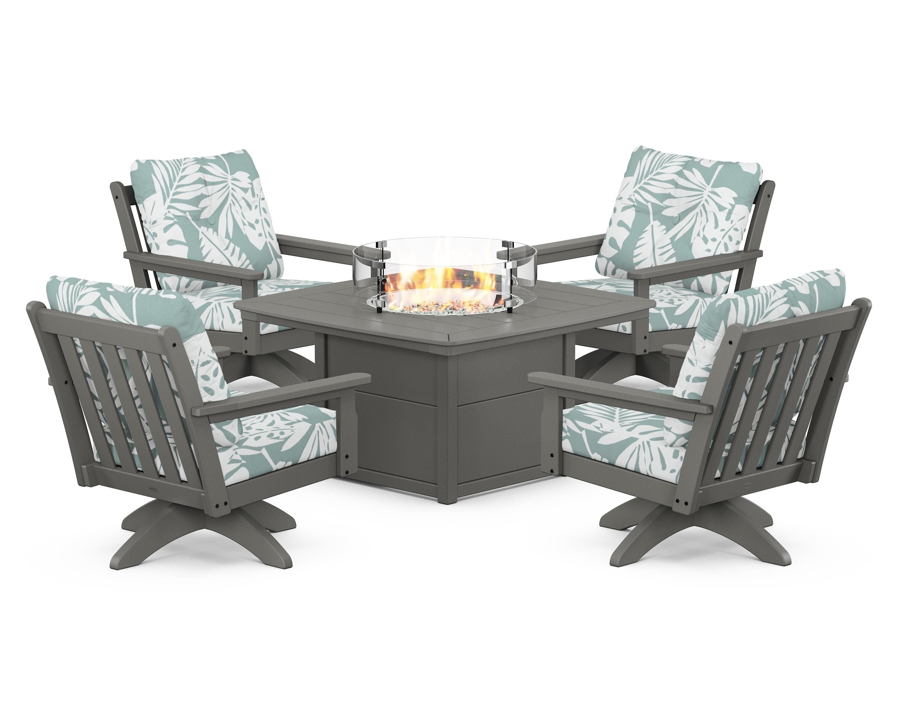 POLYWOOD® Vineyard 5-Piece Deep Seating Swivel Conversation Set with Fire Pit Table in Slate Grey / Leaf Glacier Spa