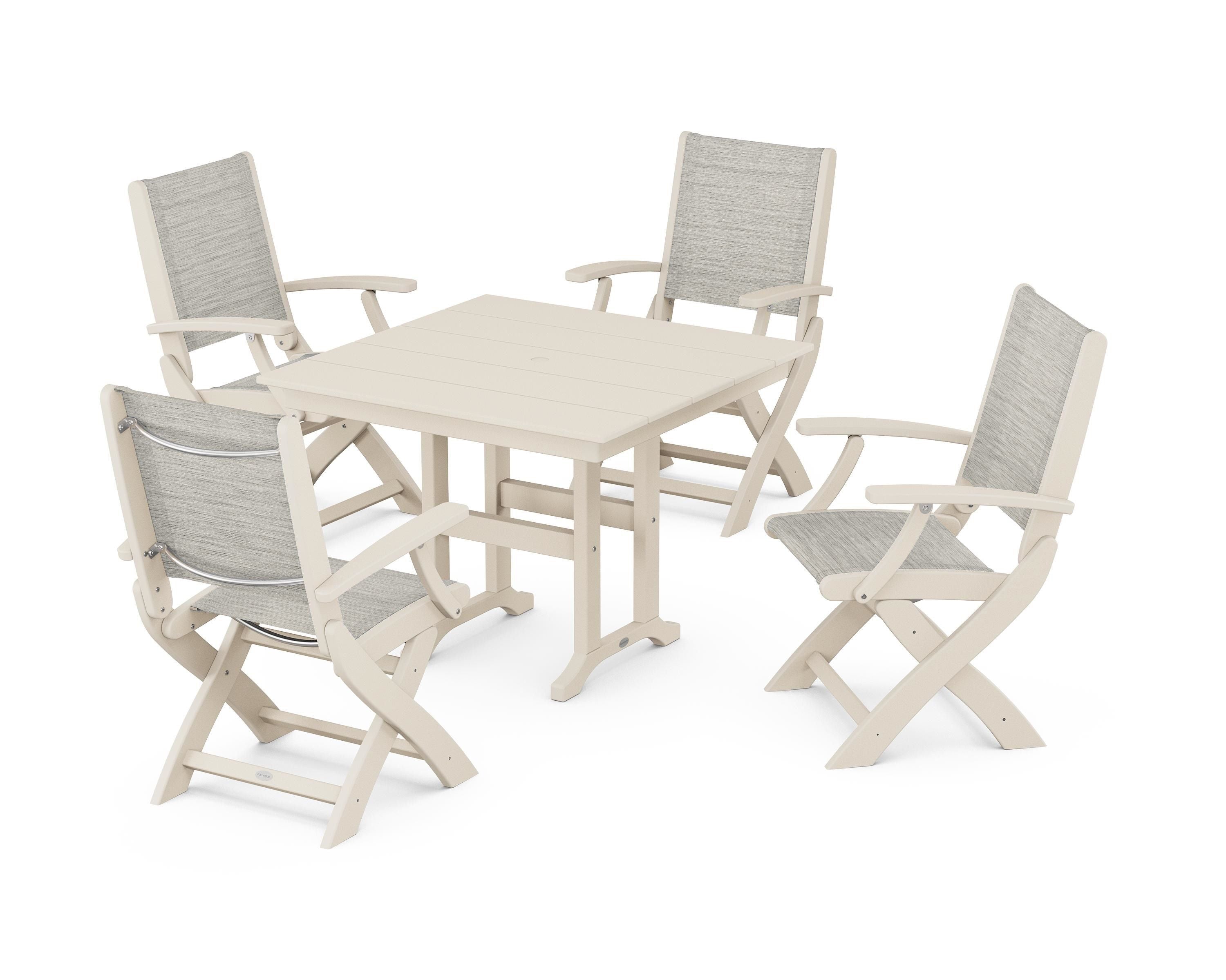 POLYWOOD® Coastal Folding Chair 5-Piece Farmhouse Dining Set in Sand / Birch Sling