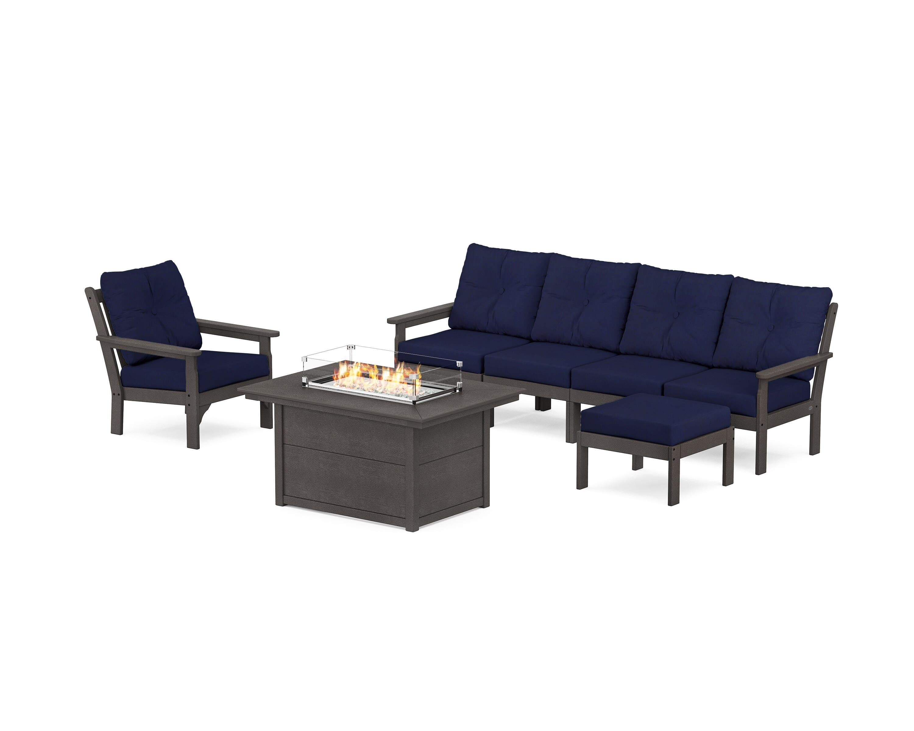 POLYWOOD® Vineyard Sectional Lounge and Fire Pit Set in Vintage Coffee / Navy